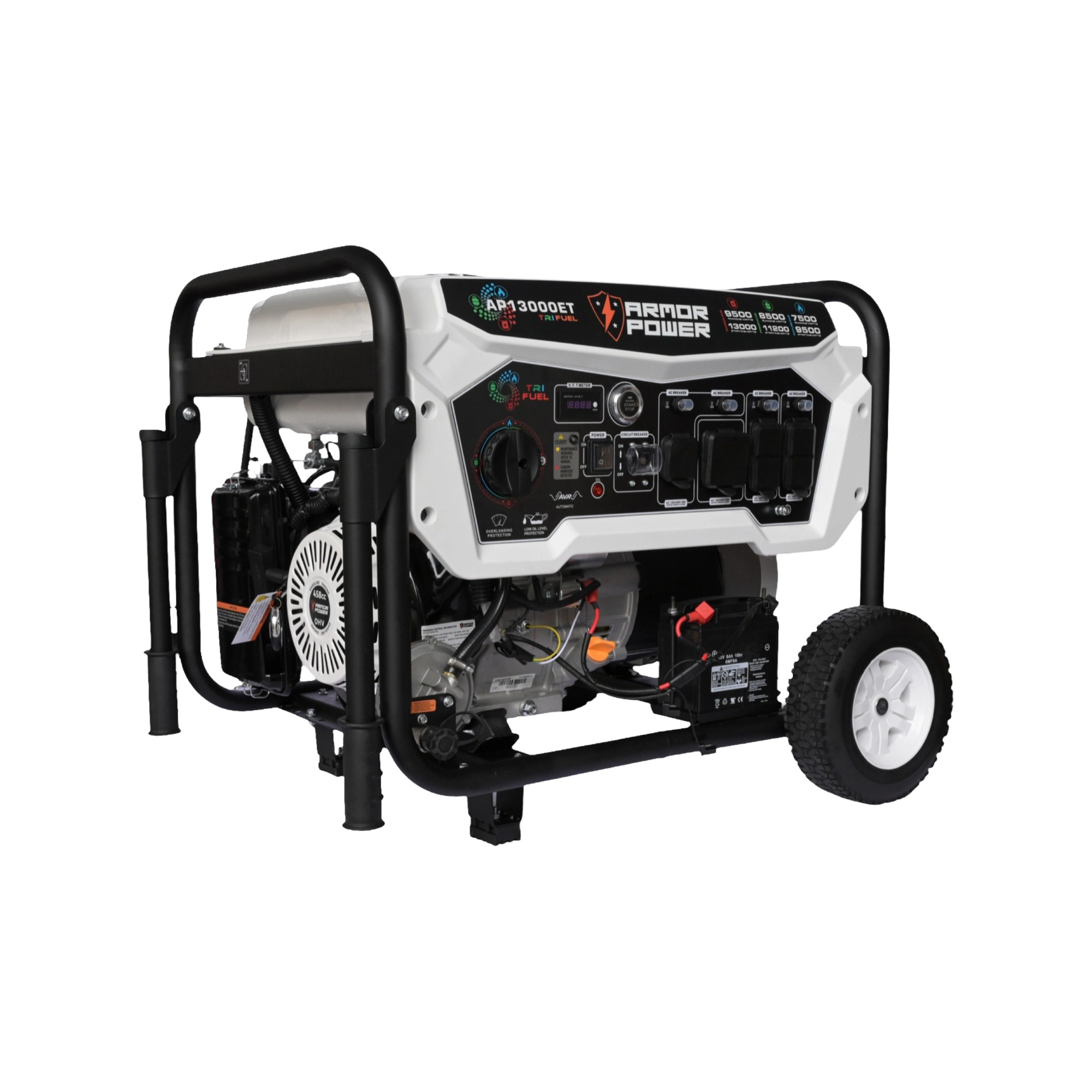 Armor Power 13000/9500 Watt Tri-Fuel Portable Generator, ArmorShield CO Shutoff, Remote Start with Mobility Kit, Model # AP13000ET
