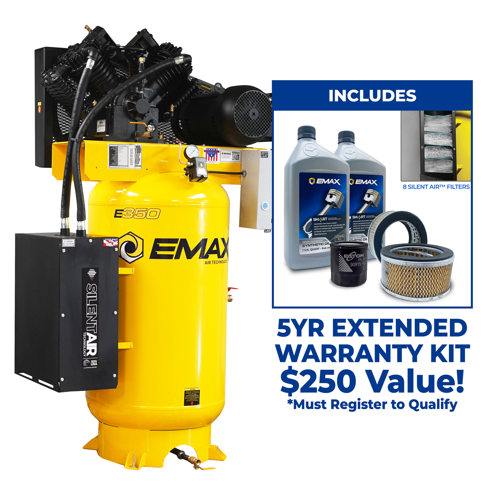 EMAX Silent Air 10HP 80-Gal Air Compressor – 38 CFM, Two-Stage, 4-Cylinder, Splash Lube, Includes Maintenance Kit