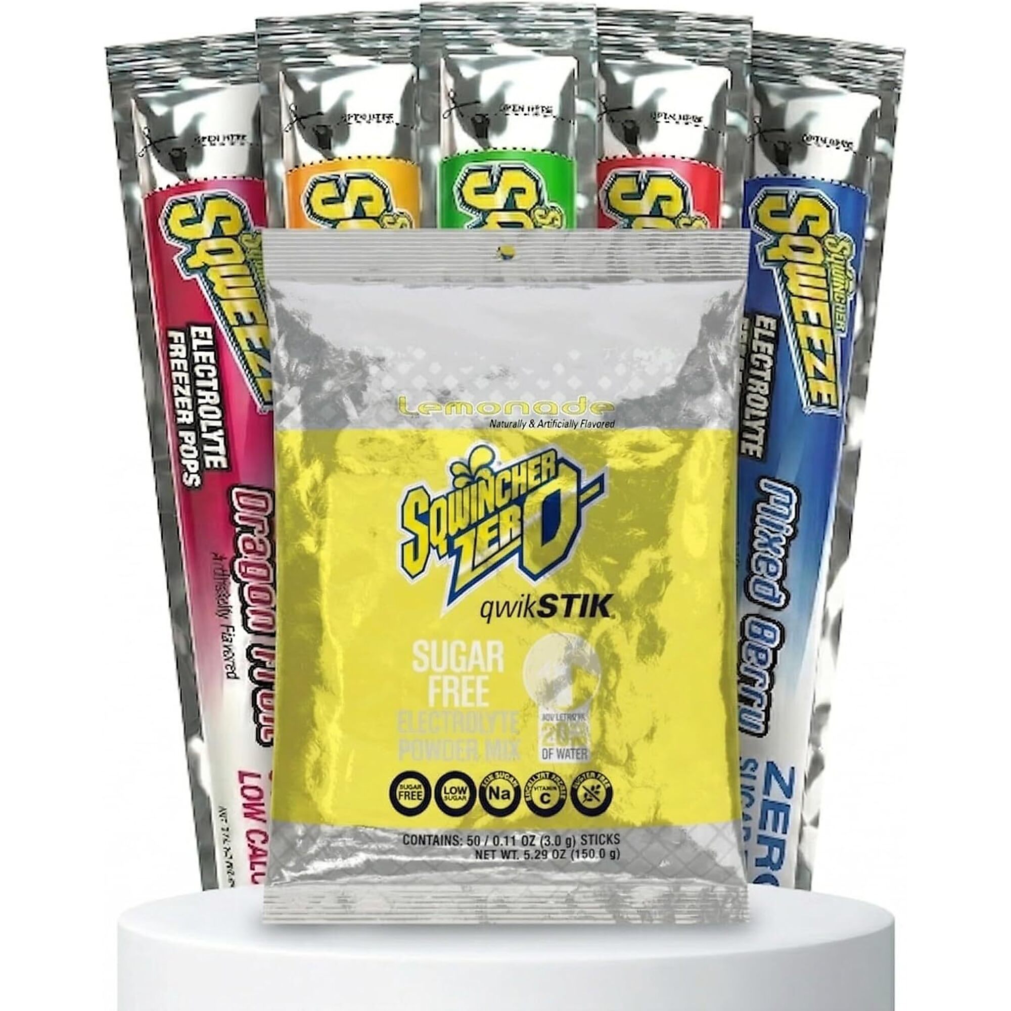 Sqwincher Bundle: Lemonade Zero Qwik Stik 50 Pack and Sqweeze Sugar Free Freezer Pops 50 Count