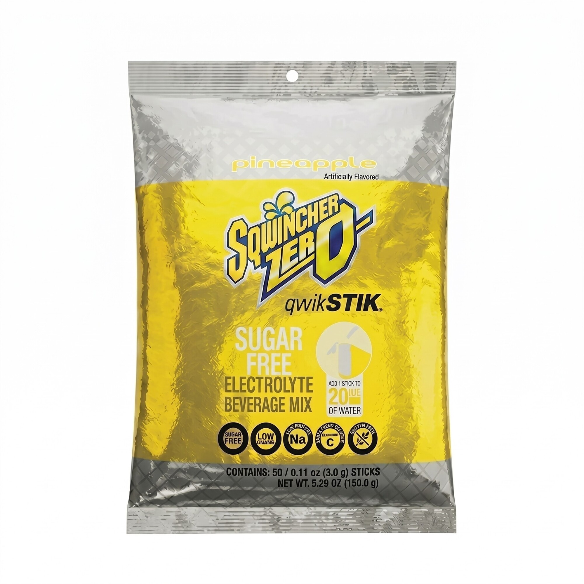 Sqwincher Zero Qwik Stik Sugar Free Electrolyte Powder Packets, Pineapple, 0.11 oz, Makes 20 oz, 50 Count