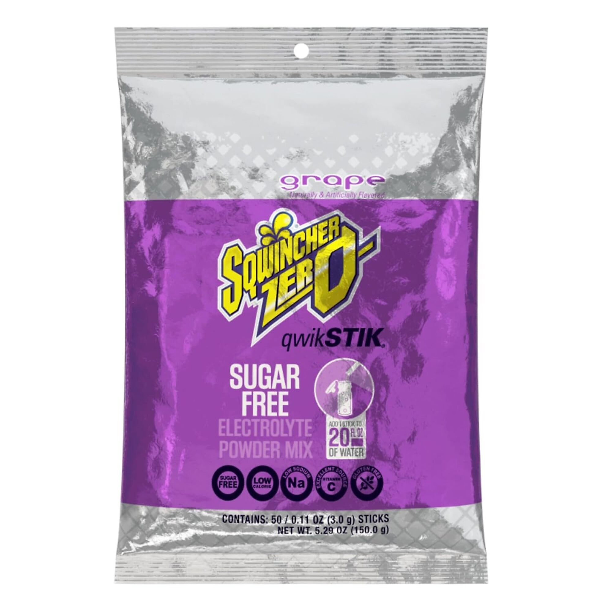Sqwincher Zero Qwik Stik Sugar Free Electrolyte Powder Packets, Grape, 0.11 oz, Makes 20 oz, 50 Count