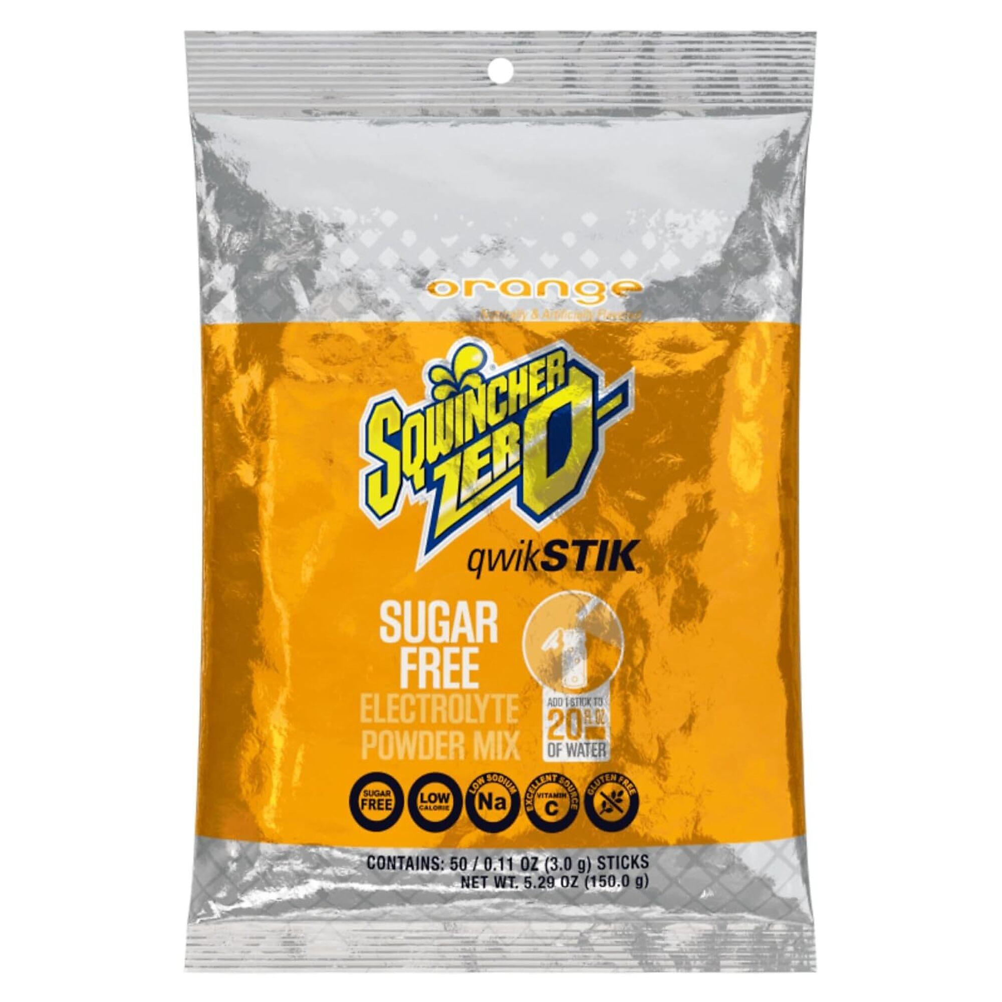 Sqwincher Zero Qwik Stik Sugar Free Electrolyte Powder Packets, Orange, 0.11 oz, Makes 20 oz, 50 Count