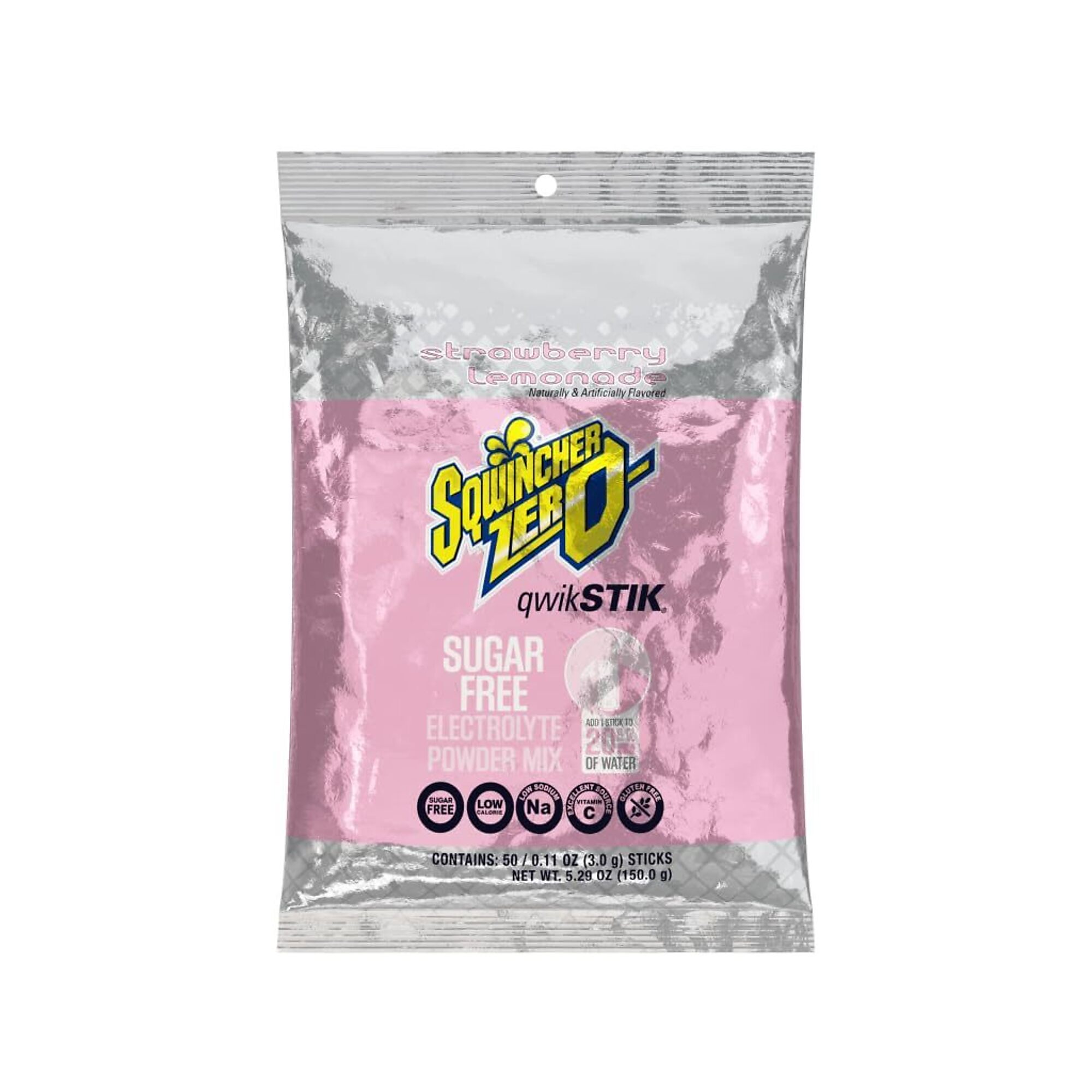 Sqwincher Zero Qwik Stik Sugar Free Electrolyte Powder Packets, Strawberry Lemonade, 0.11 oz, Makes 20 oz, 50 Count