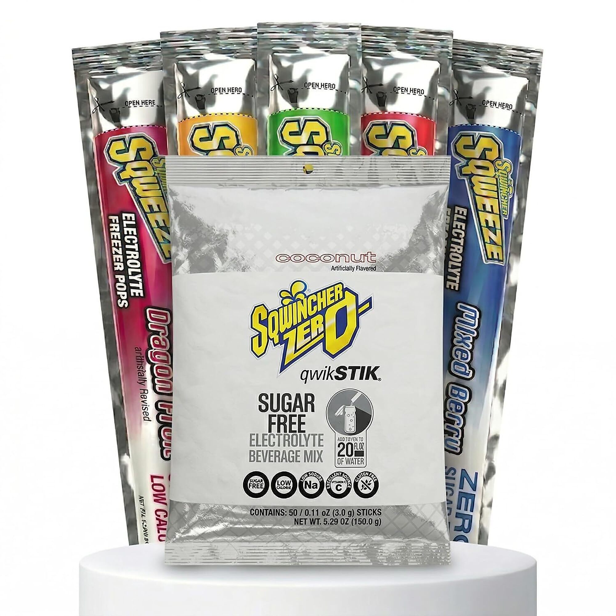 Sqwincher Bundle: Coconut Zero Qwik Stik 50 Pack and Sqweeze Sugar Free Freezer Pops 50 Count