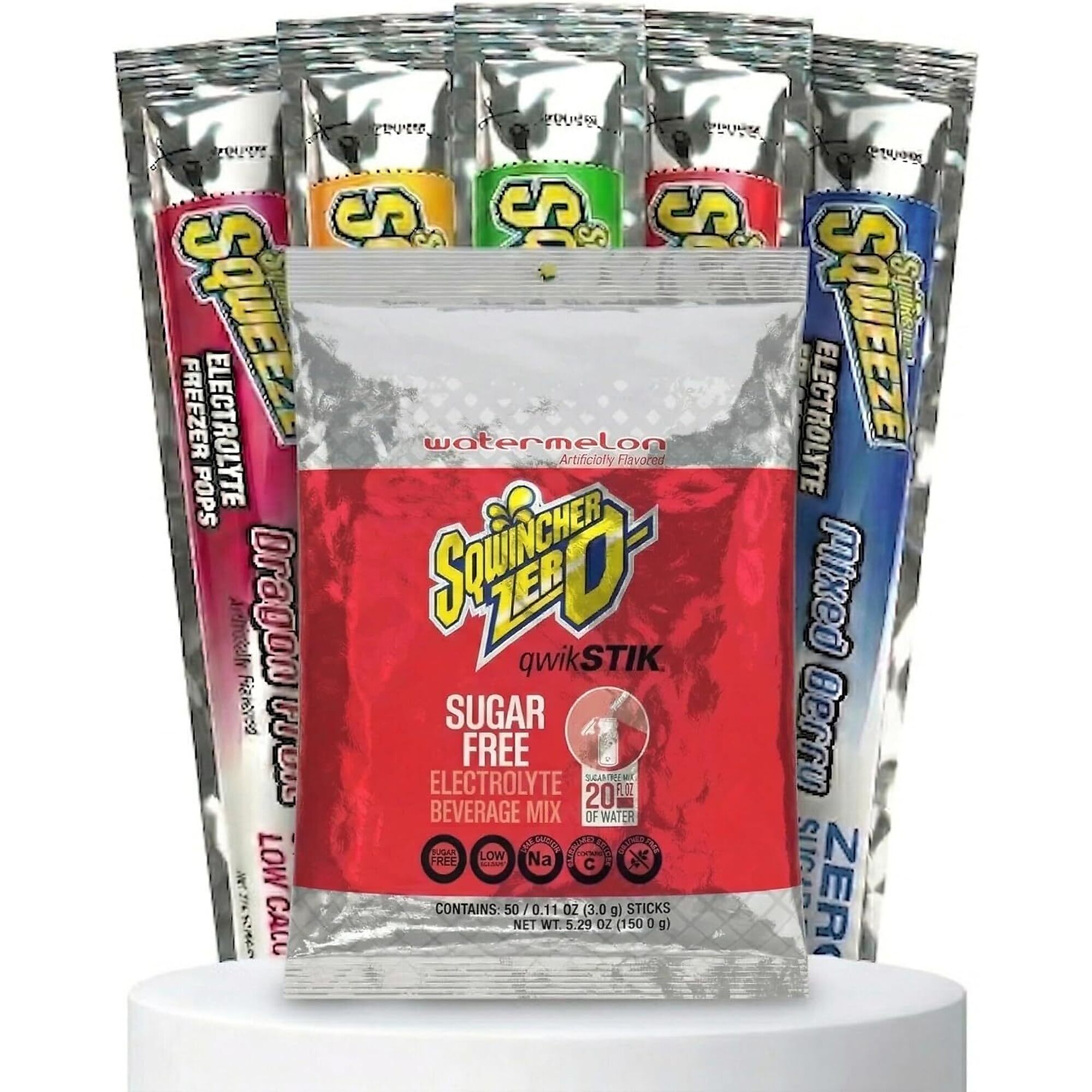 Sqwincher Bundle: Watermelon Zero Qwik Stik 50 Pack and Sqweeze Sugar Free Freezer Pops 50 Count