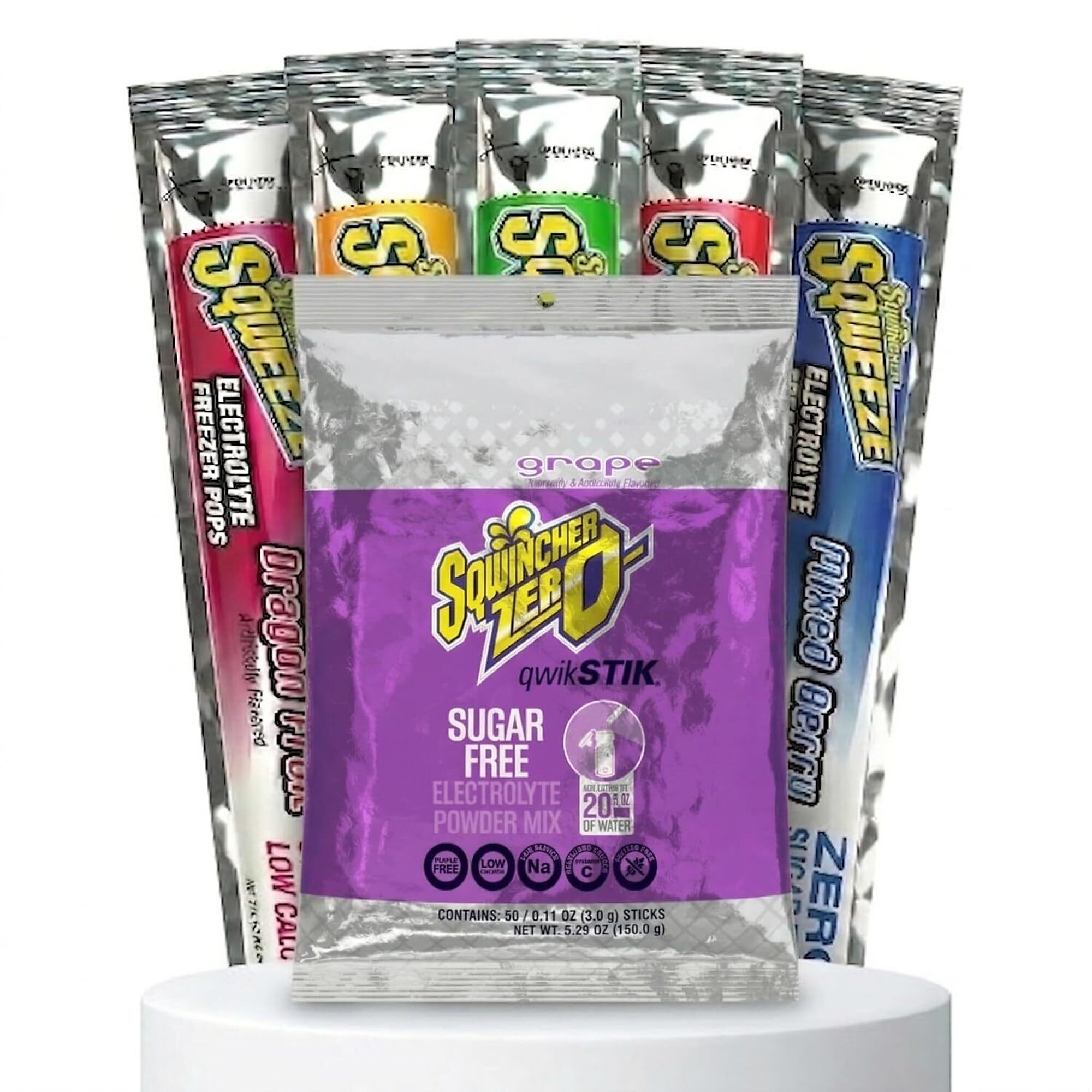 Sqwincher Bundle: Grape Zero Qwik Stik 50 Pack and Sqweeze Sugar Free Freezer Pops 50 Count