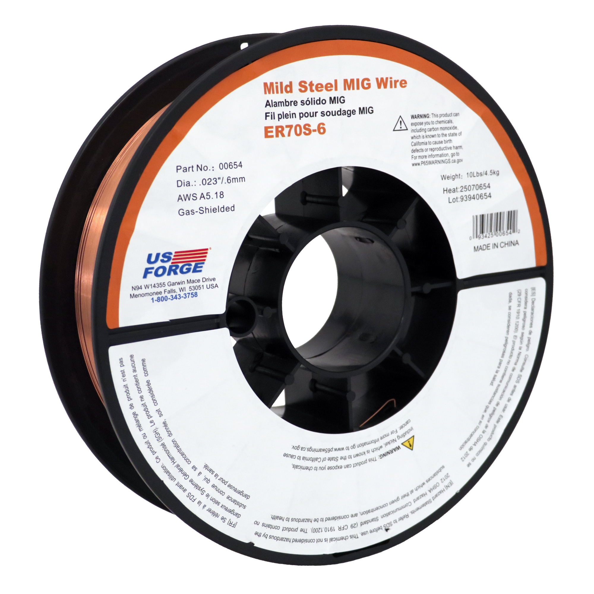 US Forge Solid Mild Steel MIG Wire — 0.023in. ER70S-6, 10 lbs., Model# 0654