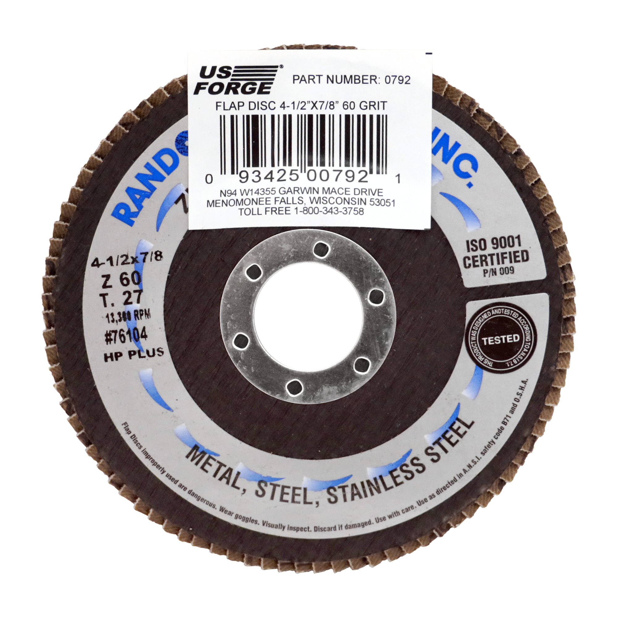 US Forge® 4.5" x 7/8" T27 Z60 Grit Flap Disc, Model# 792