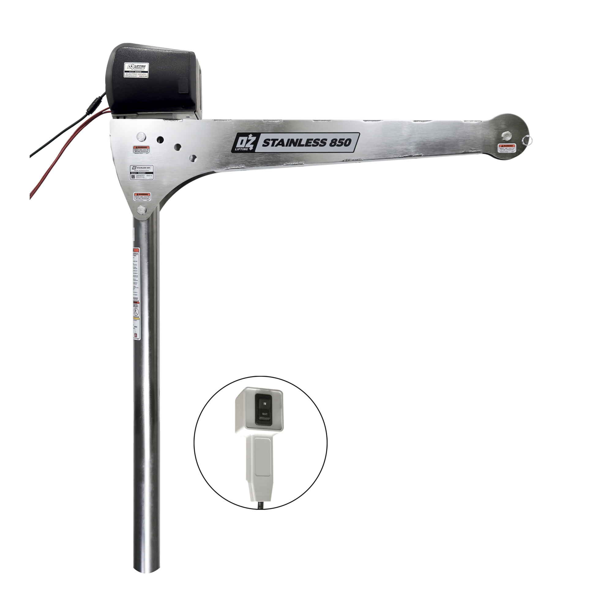 OZ Lifting Products, Stainless Steel Davit Crane, 850 lb with 12V DC electric winch, Model # OZSS850DAV-DCW