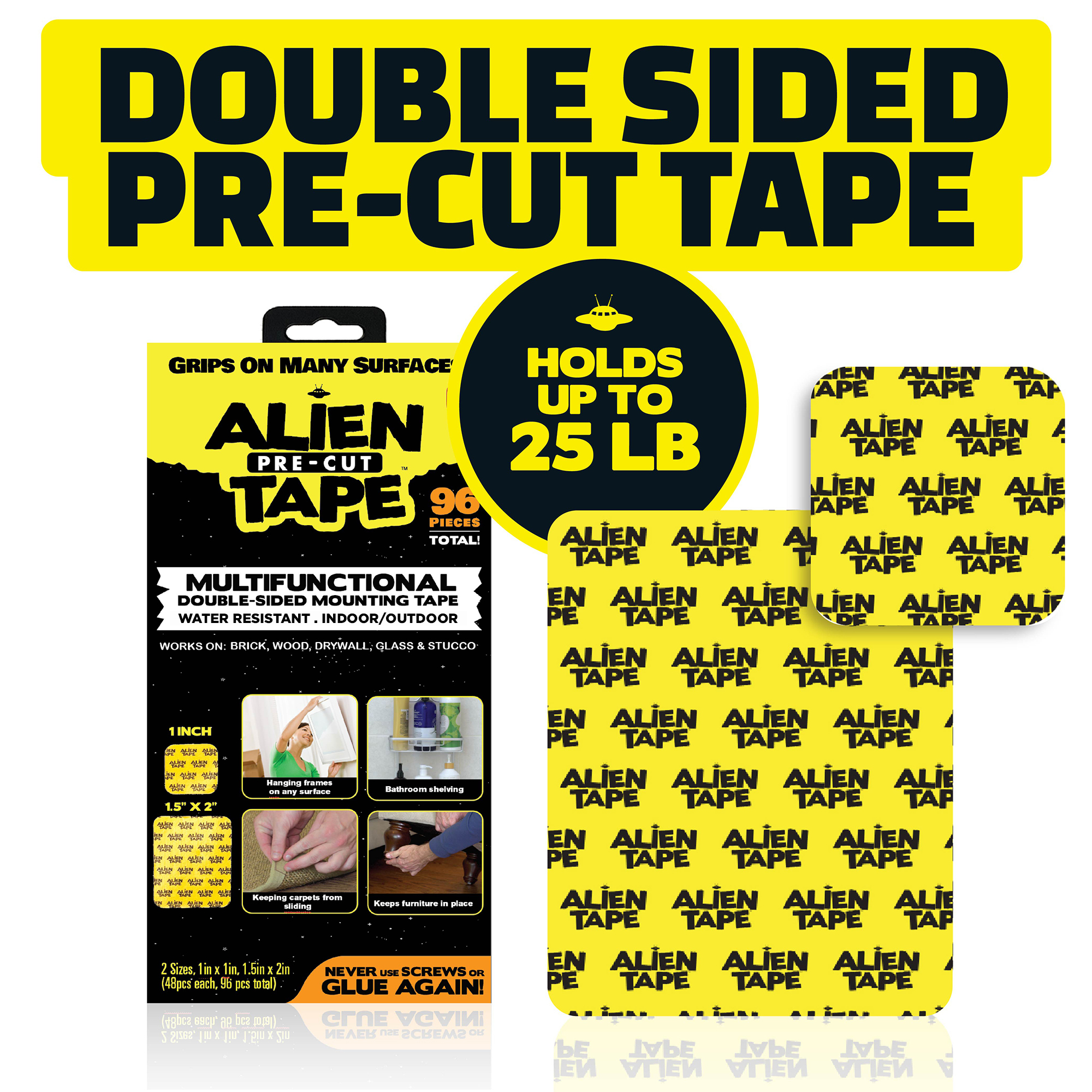 Alien Tape Pre-Cut Mounting Strips, 96 Pieces in 2 Sizes, Transparent, Washable & Reusable