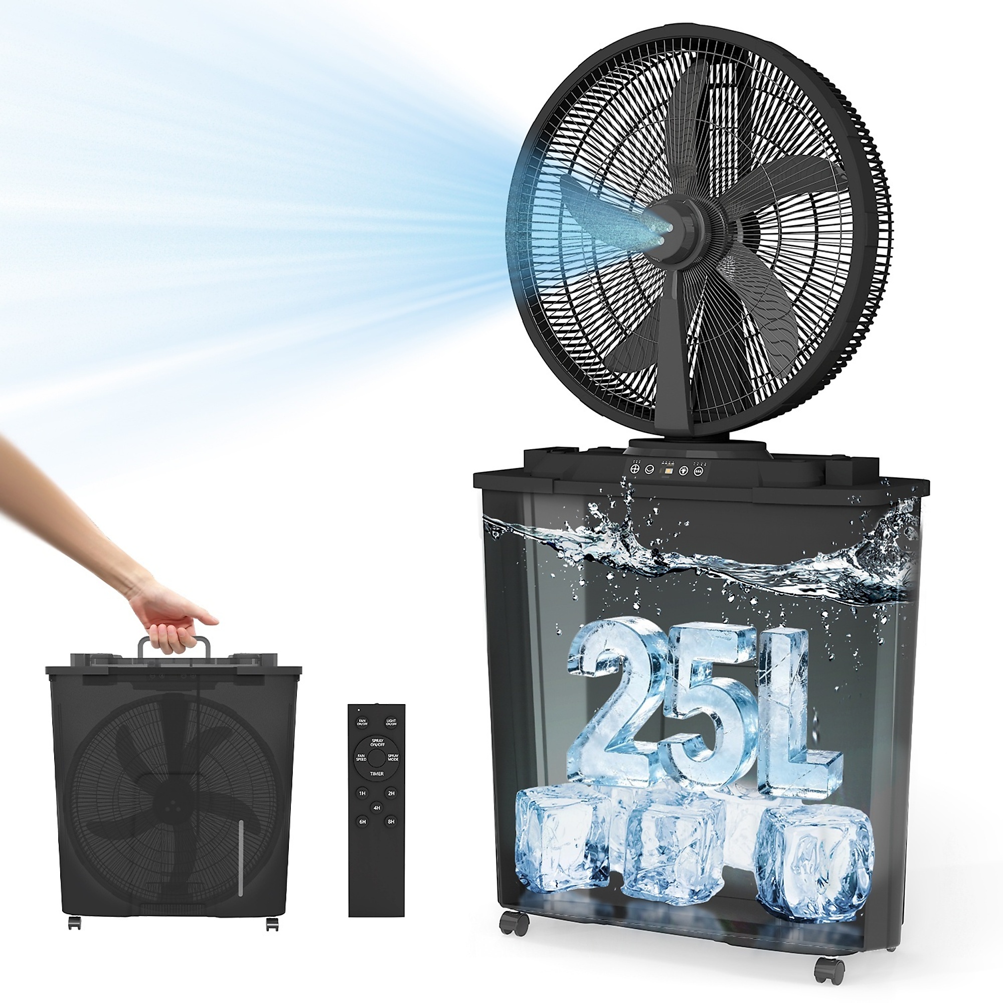EdenDirect Portable Misting Fan — 20 Inch, 6.6 Gallon, 3500 CFM, 3 Speeds, 4 Mist Modes, Rechargeable Battery, LED Light, Remote Control, 120° Oscillating, For Patio Camping Backyard Indoor Use