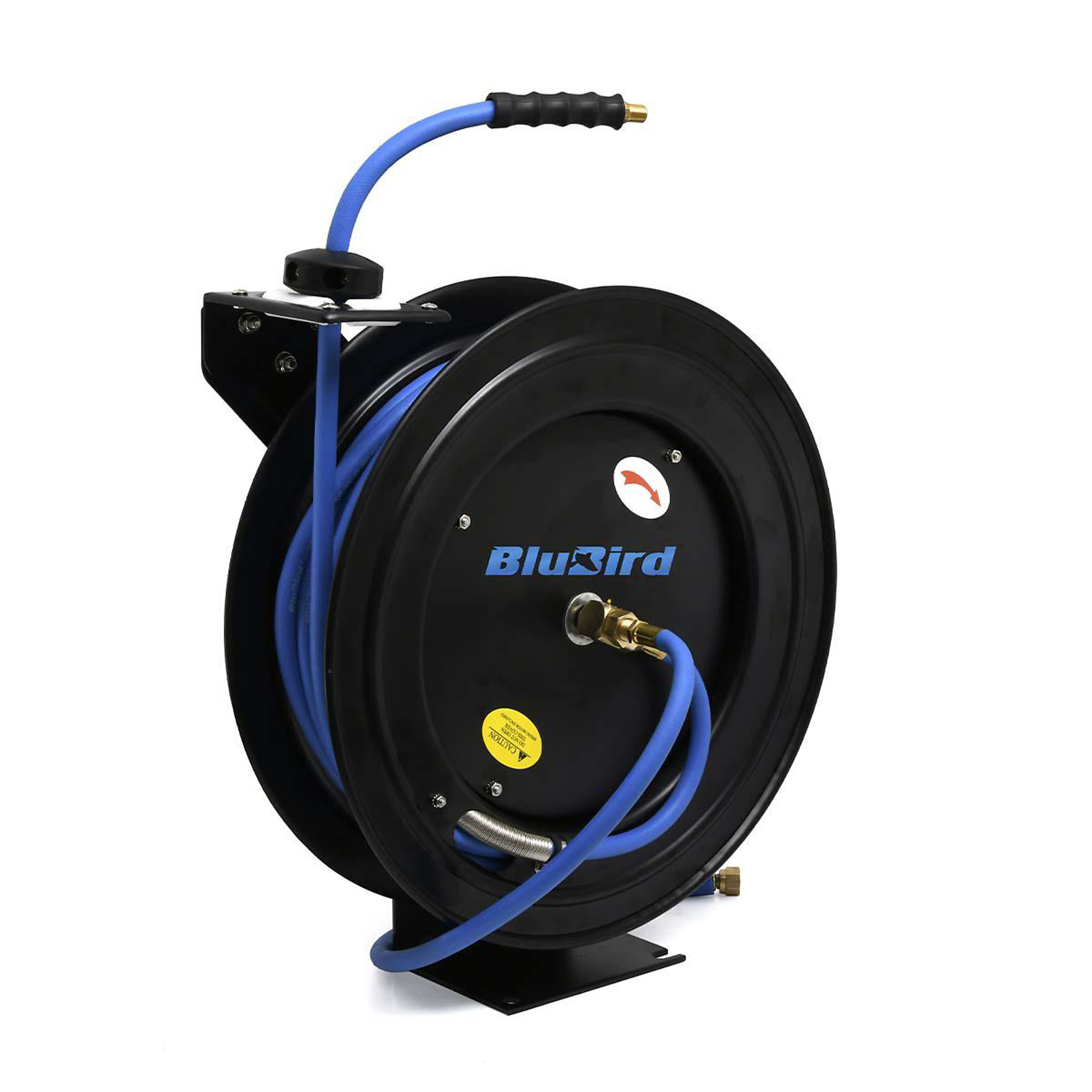 BLUBIRD BBR3850 20ga. Retractable Hose Reel with 1/2" X 50' Air Hose, 12 Point Ratcheting Gear, Next-Gen Rubber, Lightest, Strongest, Most Flexible, 300 PSI, -50F to 190F Degrees, Polyester Braided