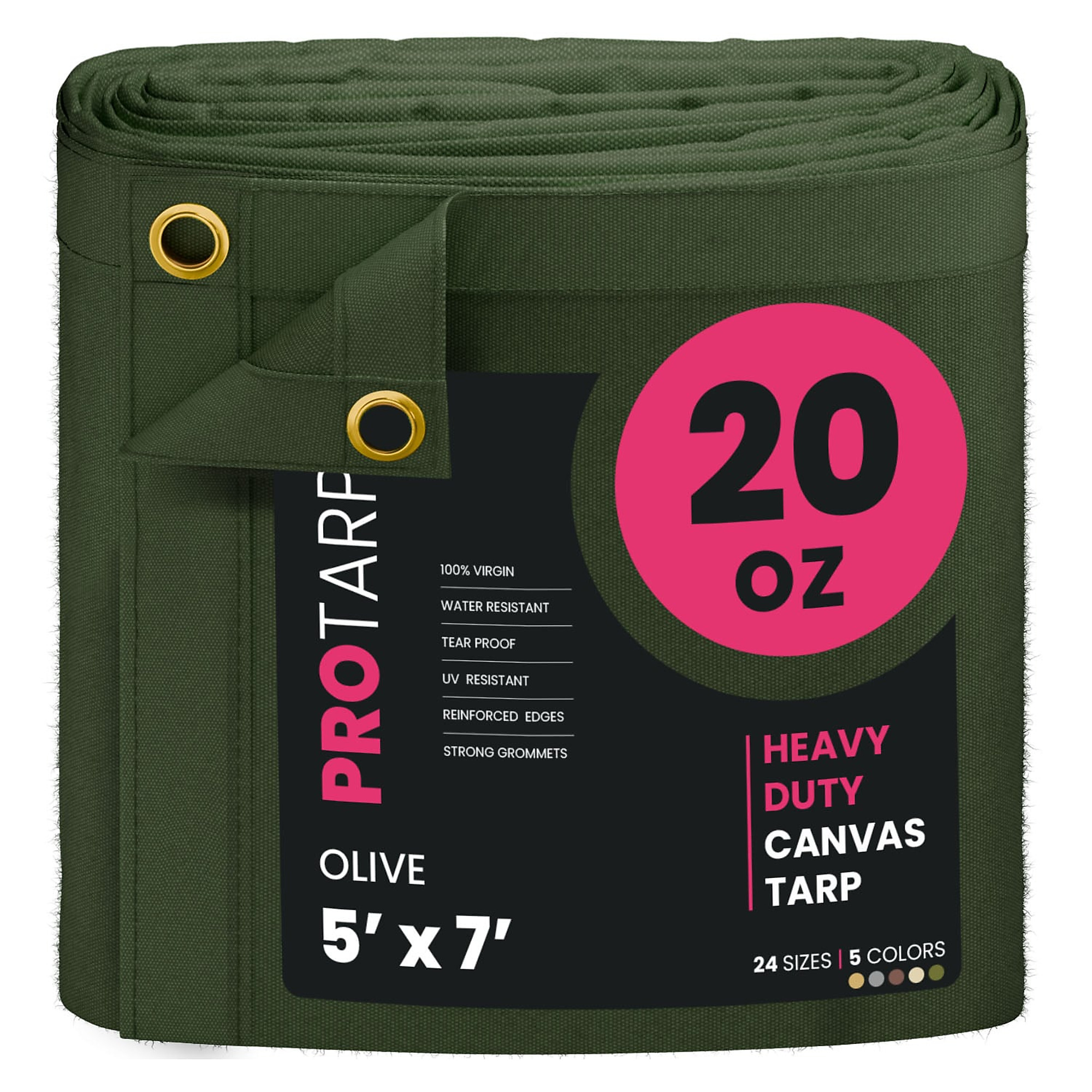 Protarp Extreme Heavy-Duty Canvas Tarp — 5ft. x 7ft., 20 Oz., Water-Resistant, UV-Resistant, Rustproof Brass Grommets, Olive, Model# PT-403-5X7