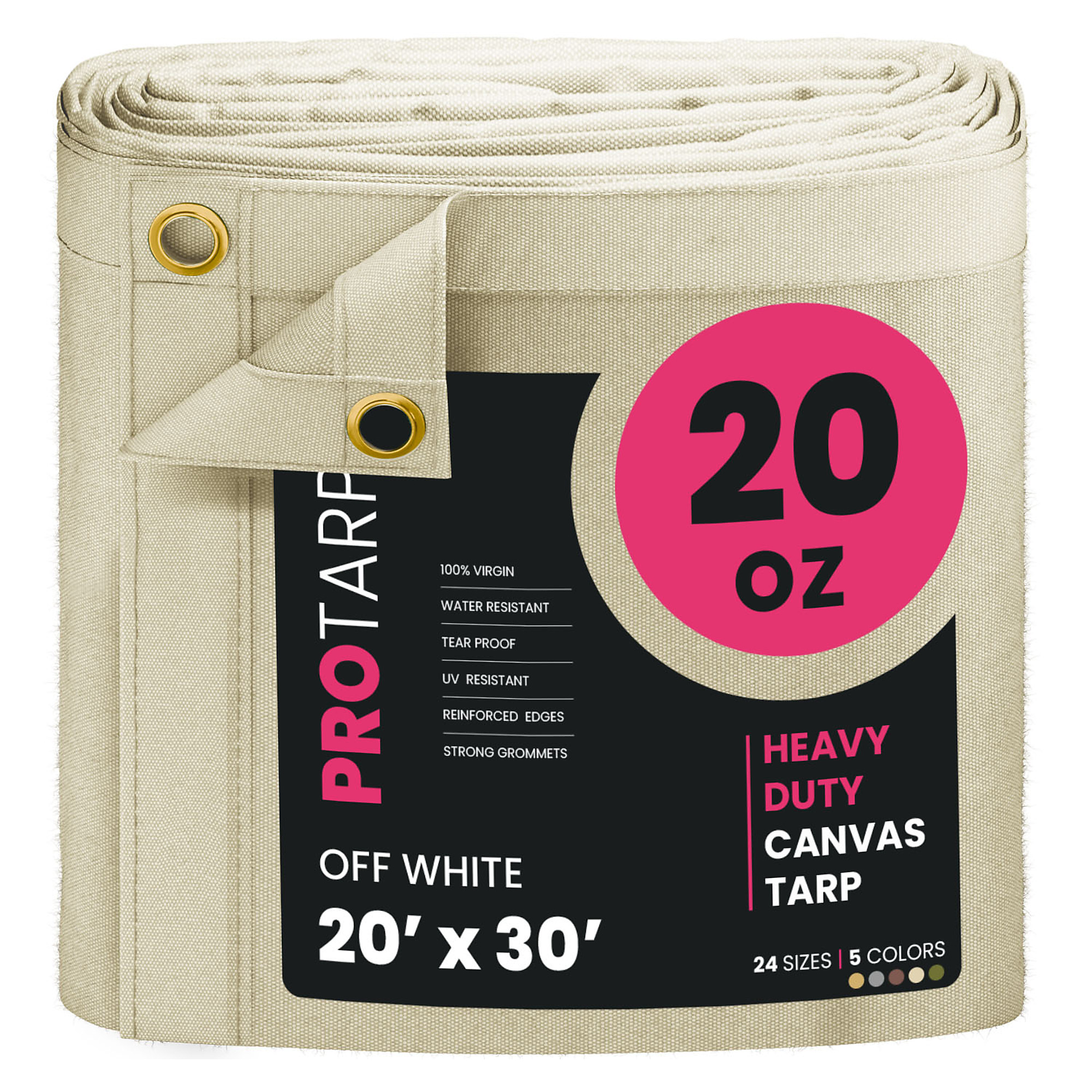 Protarp Extreme Heavy-Duty Canvas Tarp — 20 Oz., Water-Resistant, UV-Resistant, Rustproof Brass Grommets, 20ft. x 30ft., Off White, Model# PT-404-20X30