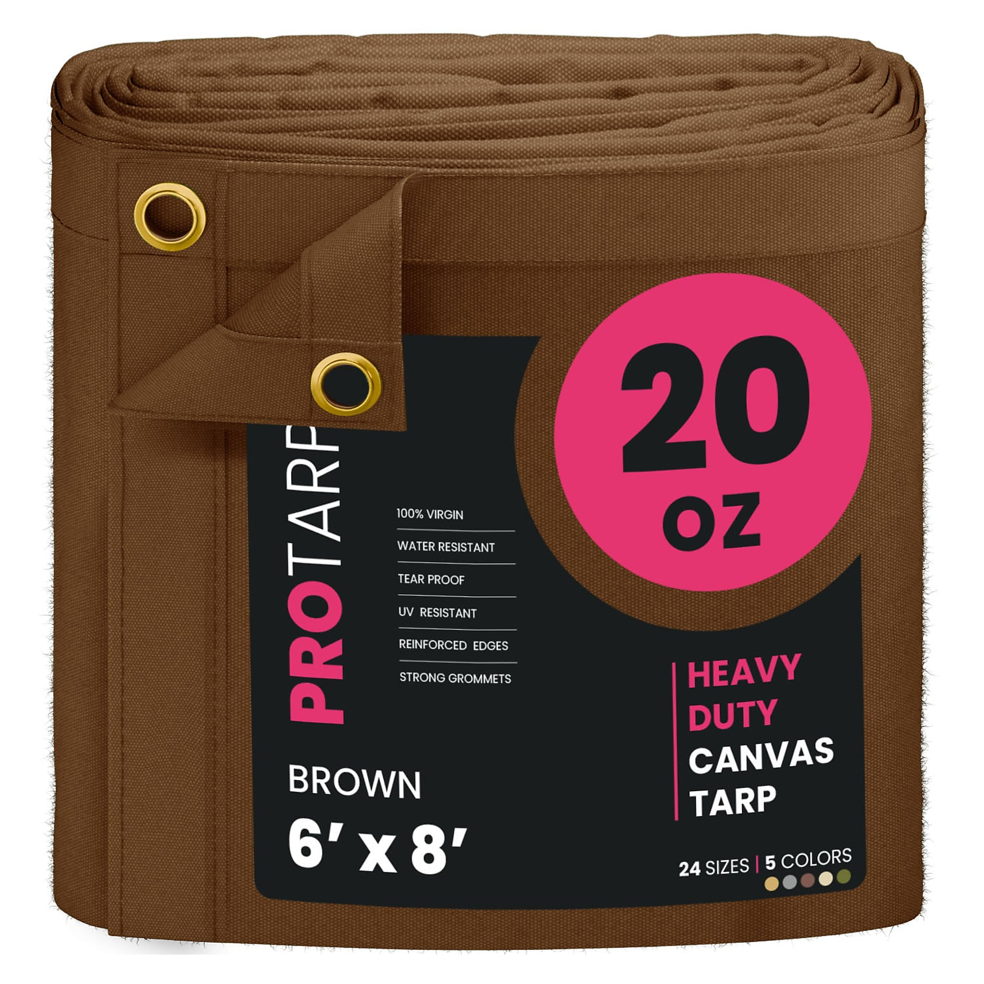 Protarp Extreme Heavy-Duty Canvas Tarp — 6ft. x 8ft., 20 Oz., Water-Resistant, UV-Resistant, Rustproof Brass Grommets, Brown, Model# PT-402-6X8