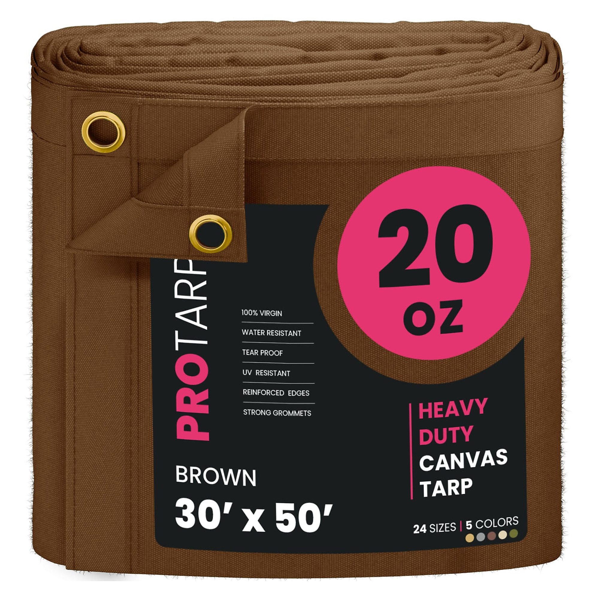 Protarp Extreme Heavy Duty Canvas Tarp — 20 Oz., Water-Resistant, UV-Resistant, Rustproof Brass Grommets, 30ft. x 50ft., Brown, Model# PT-402-30X50