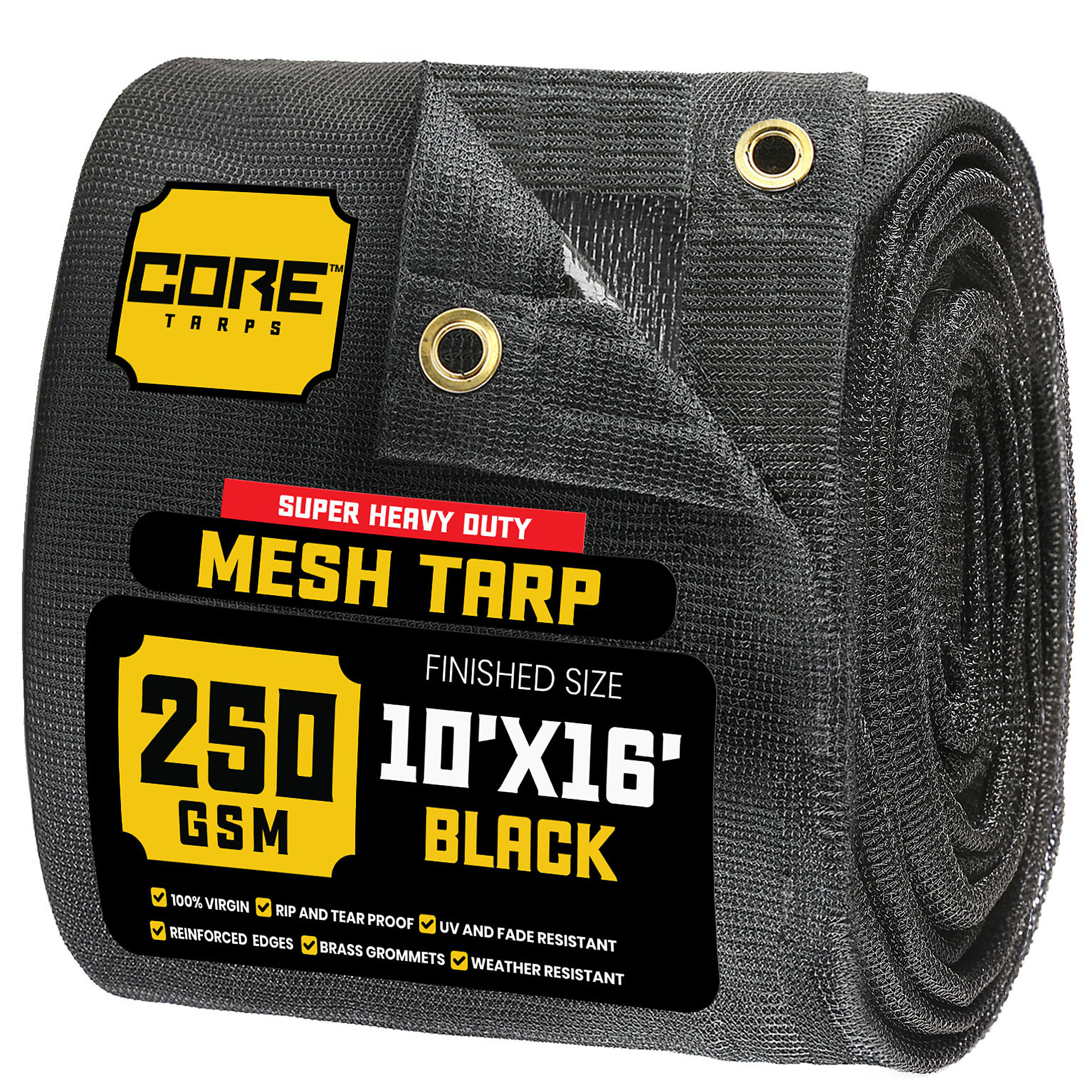 Core Tarps Heavy Duty Mesh Tarp — 10ft. x 16ft., 100% Virgin Polyethylene, 250 GSM, 7.5 Oz., Black, Model# CT-801-10X16