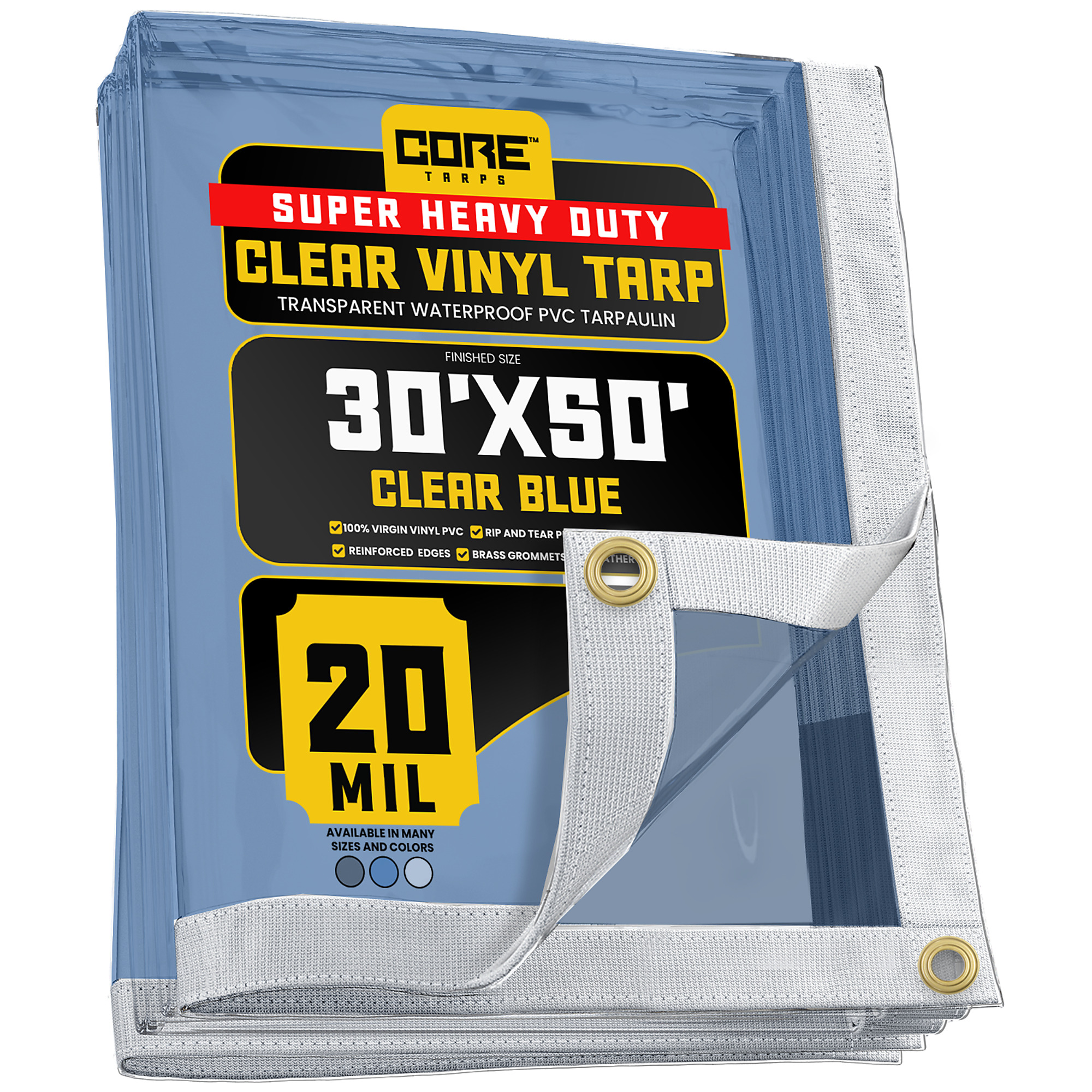 Core Tarps Extreme Heavy Duty Vinyl Tarp — 20 Mil, Waterproof PVC, Brass Grommets, 30ft. x 50ft., Clear Blue, Model# CT-103-30X50