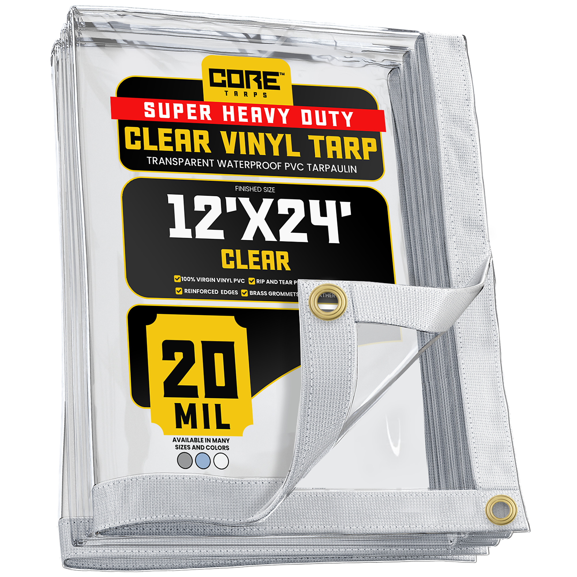 Core Tarps Extreme Heavy Duty Vinyl Tarp — 12ft. x 24ft., 20 Mil, Waterproof PVC, Brass Grommets, Clear, Model# CT-101-12X24
