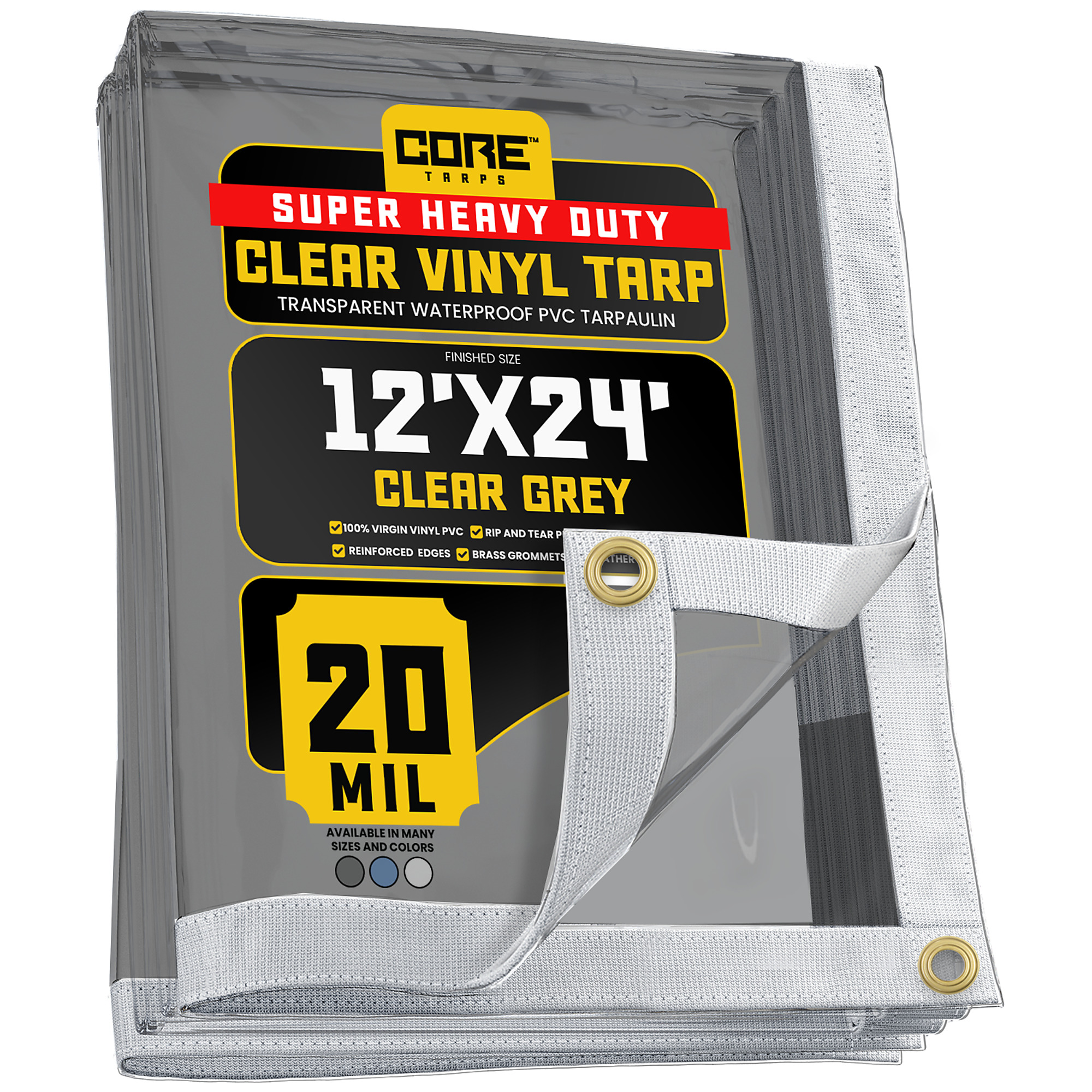 Core Tarps Extreme Heavy-Duty Vinyl Tarp — 12ft. x 24ft., 20 Mil, Waterproof PVC, Brass Grommets, Clear Grey, Model# CT-102-12X24