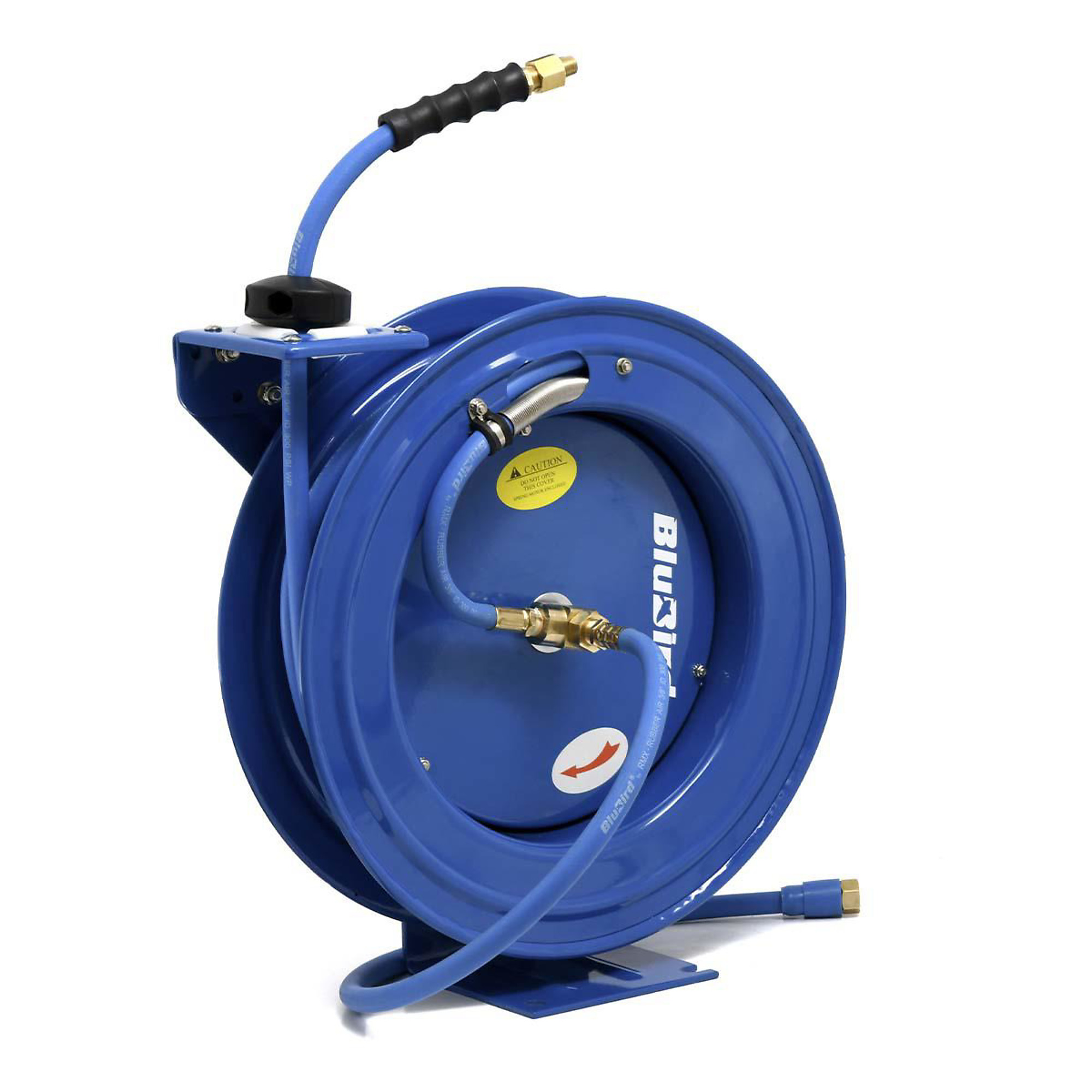 BLUBIRD BBRHD3850 18ga. Retractable Hose Reel with 3/8" X 50' Air Hose, 12 Point Ratcheting Gear, Next-Gen Rubber, Lightest, Strongest, Most Flexible, 300 PSI, -50F to 190F Degrees, Polyester Braided