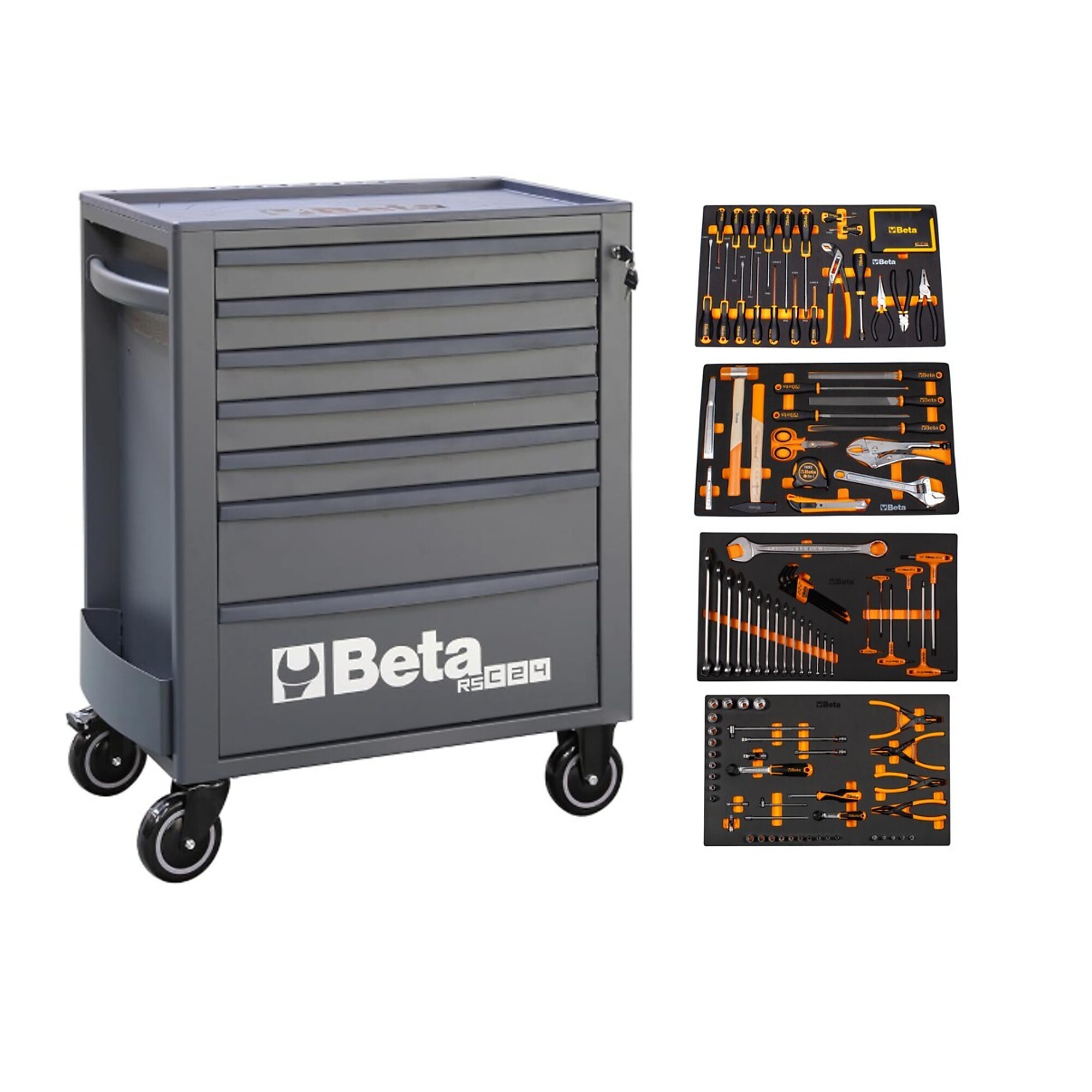Beta RSC24 Gray 7-Drawer Rolling Tool Cabinet with 207 Piece SAE Tool Set