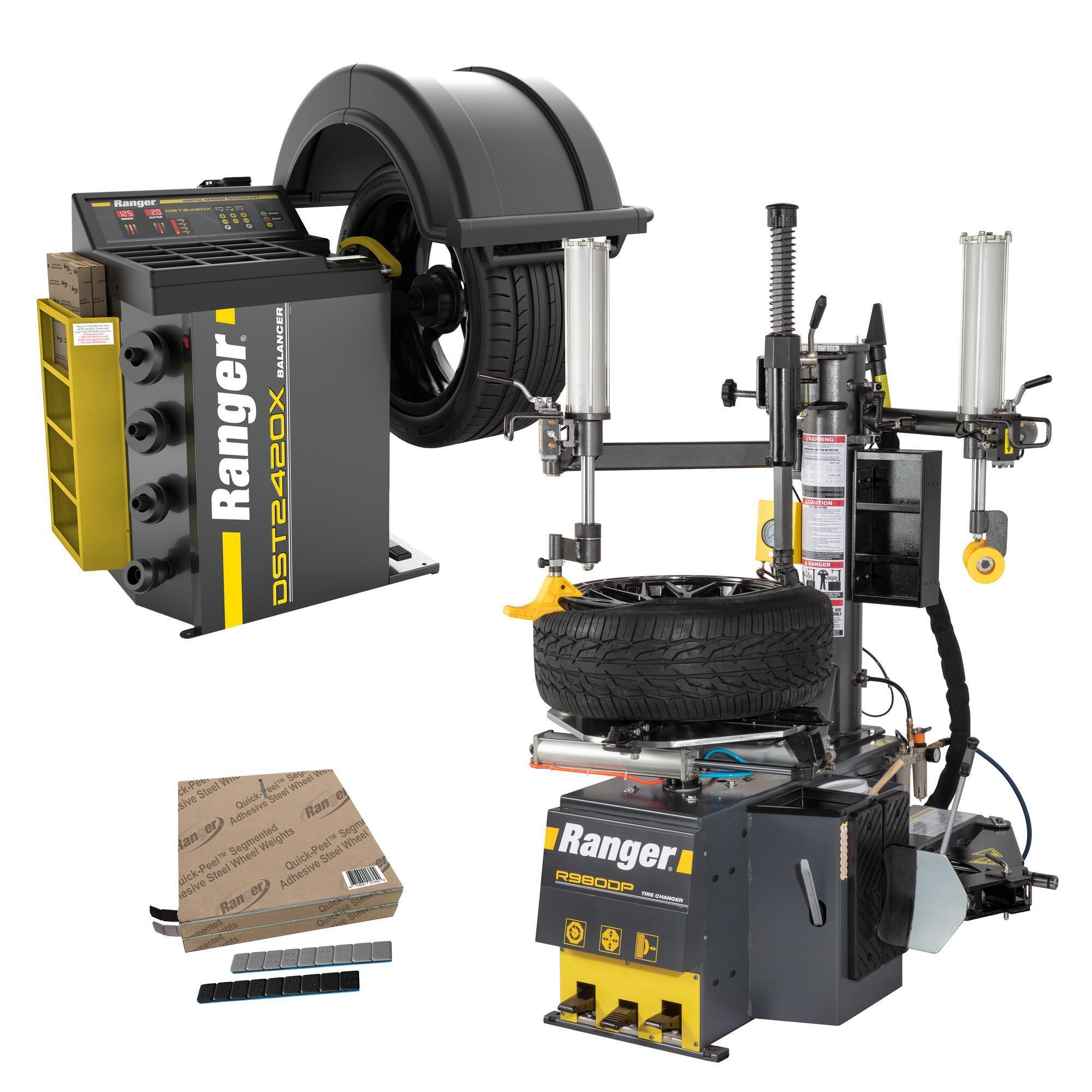 Ranger, R980DP-L+DST2420X-110V +Tape Weight Roll Kit 1400pc, Swing Arm Tire Changer Dual-Tower Assist 30" Capacity & Wheel Balancer / 40 mm Shaft