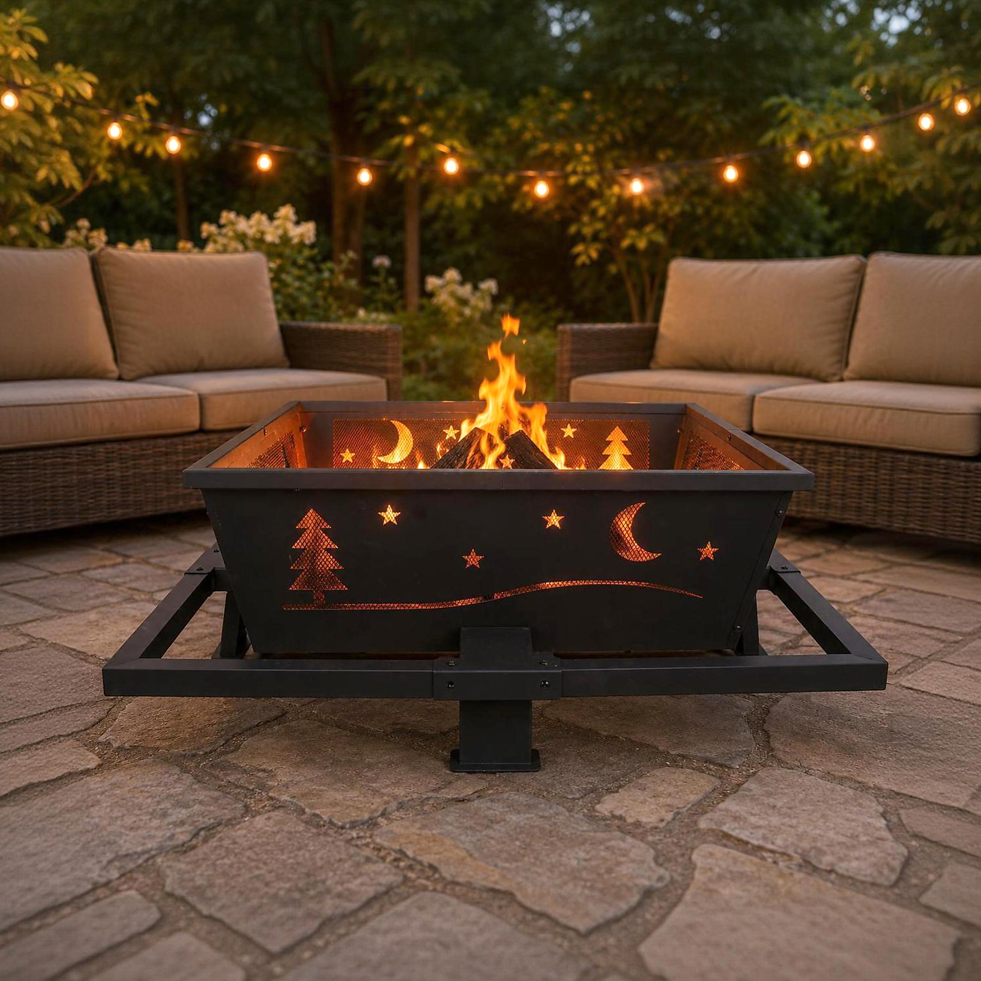 42" Square Fire Pit with Foot Rests, Mesh Panel & Poker - Nightfall Forest