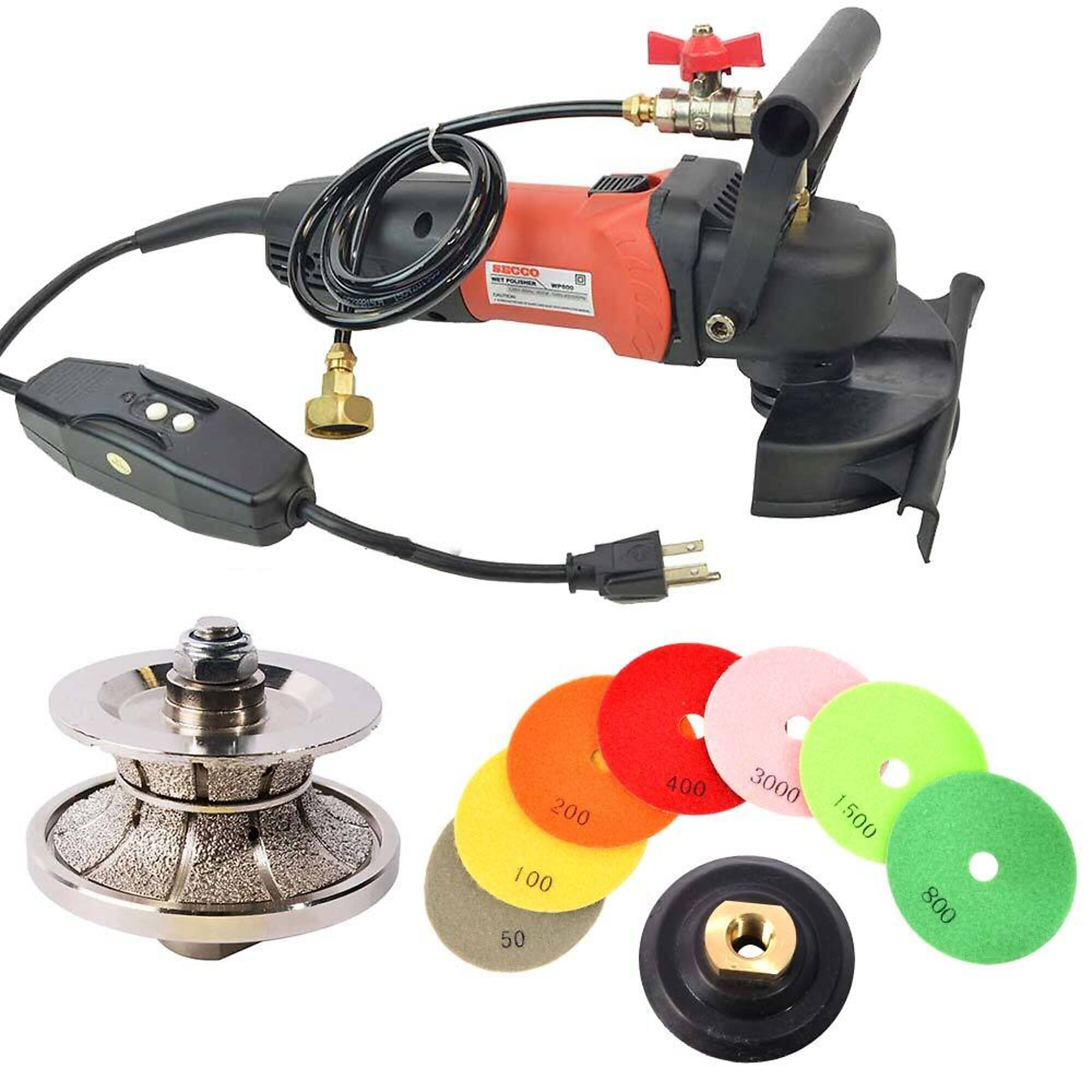 Hardin V20WVPOLSET 4 Inch Var Speed Polisher, 3/4 Inch Full Bullnose Diamond Profile Wheel and 8 pc 4 Inch Diamond Polishing Pad Set