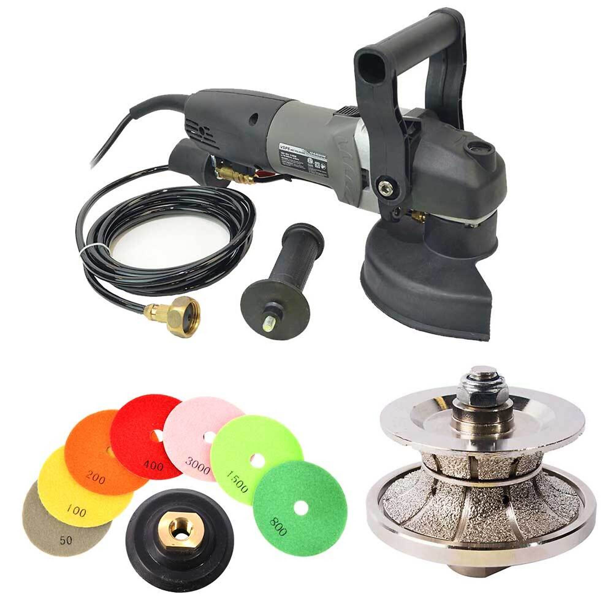 Hardin HV30WVPOLSET VSP5 5 Inch Var Speed Polisher, 1-1/4 Inch Full Bullnose Diamond Profile Wheel and 8 pc 4 Inch Diamond Polishing Pad Set