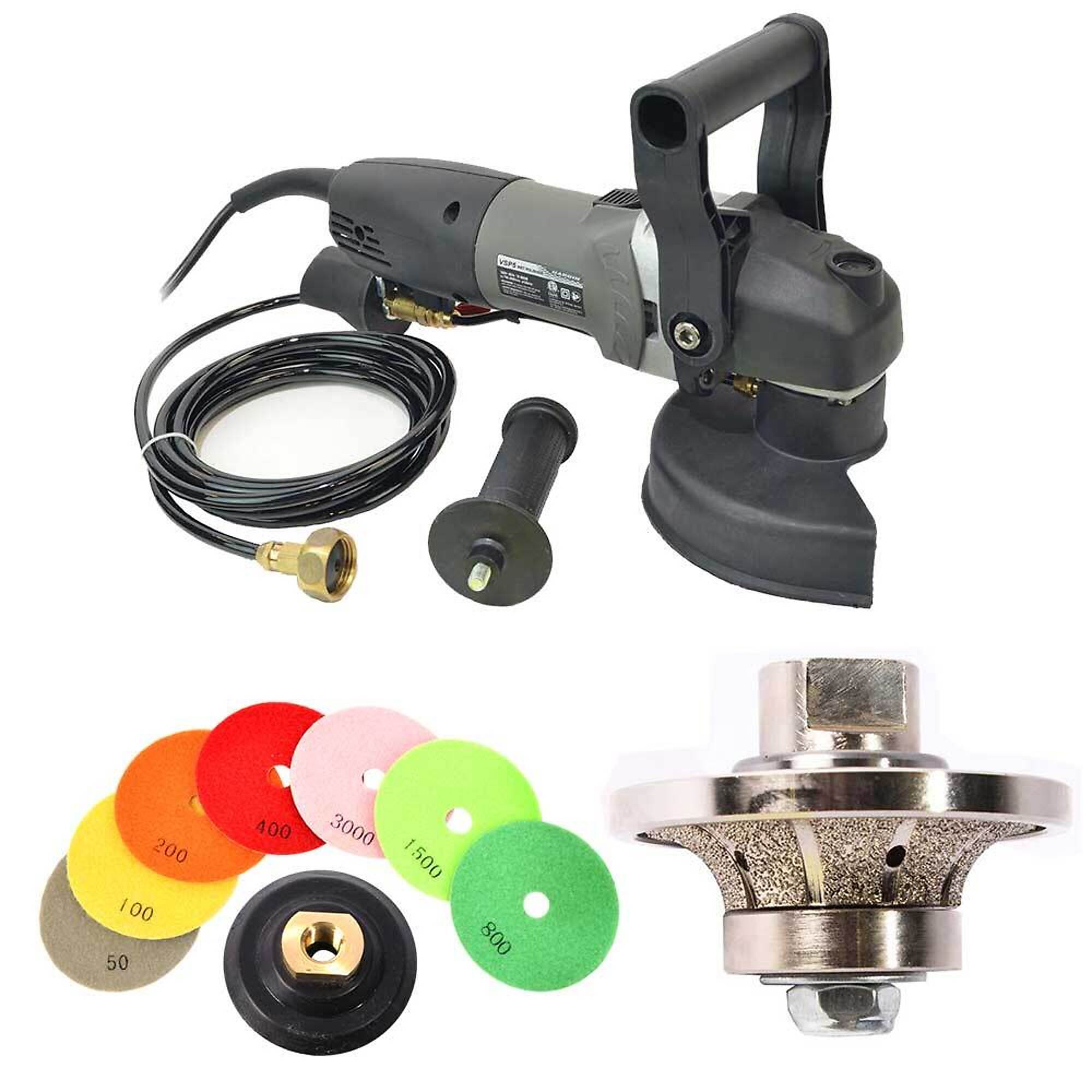 Hardin BRT34POLSET VSP5 5 Inch Var Speed Polisher, 3/4 Inch Radius Diamond Profile Wheel and 8 pc 5 Inch Diamond Polishing Pad Set