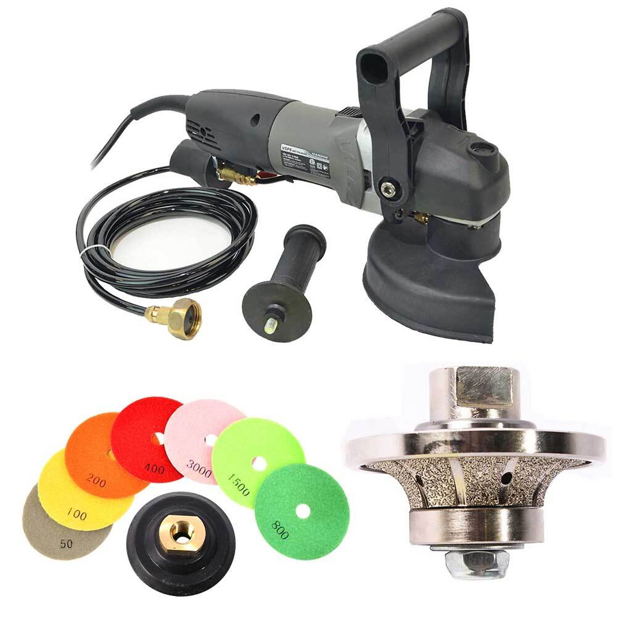 Hardin BRT12POLSET VSP5 5 Inch Var Speed Polisher, 1/2 Inch Radius Diamond Profile Wheel and 8 pc 5 Inch Diamond Polishing Pad Set