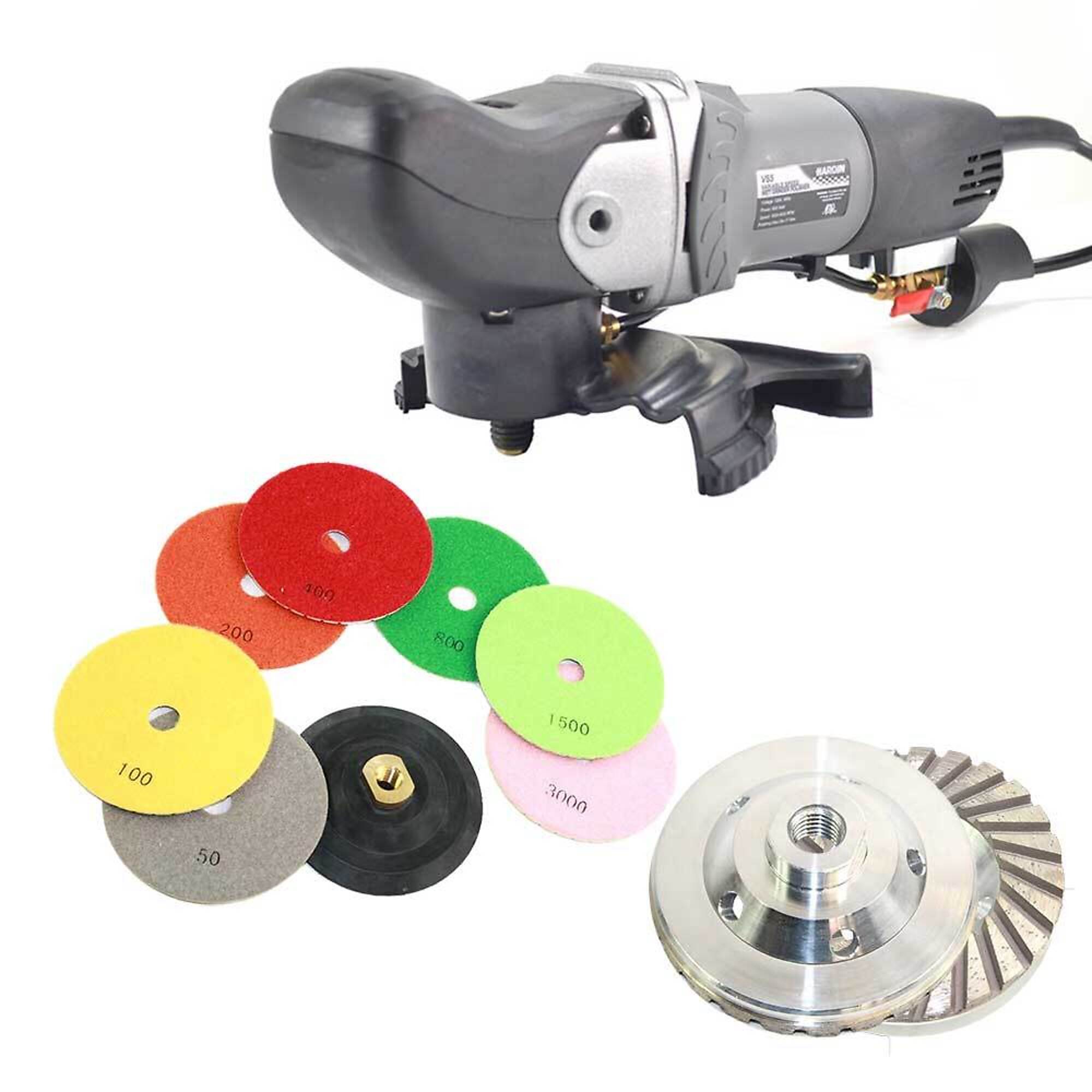 Hardin GHCCGRINDPOLSET VS5 Variable Speed Wet Grinder Polisher,Dust Shroud, 4 Inch Diamond Turbo Cup Wheel, 8 pc 5 Inch Diamond Polishing Pad Set