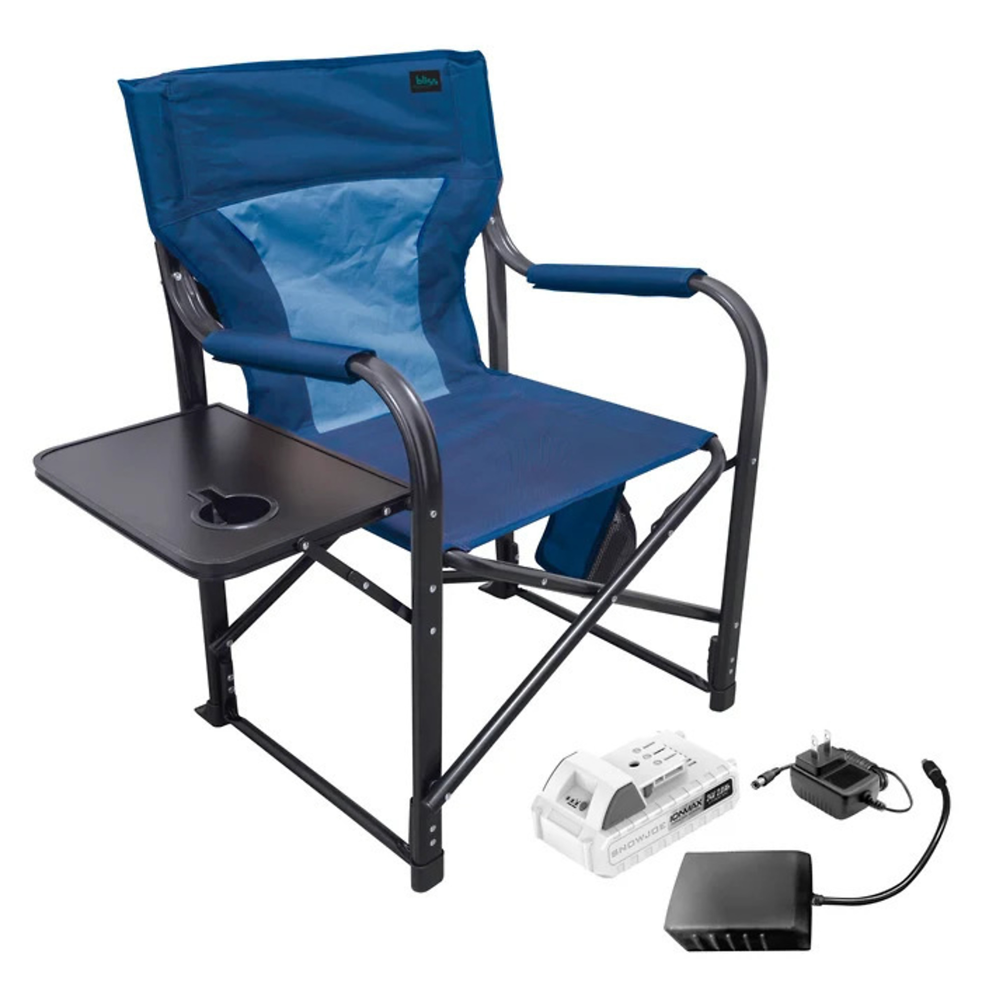 Bliss Hammocks Heated Director's Chair, Blue, 24V Rechargeable Battery Included, Dual Heat Zones, 3 Heat Settings, Fold-Out Side Table with Cup Holder, 400-Lb Capacity, Model HF-BHC-24VH-BLU
