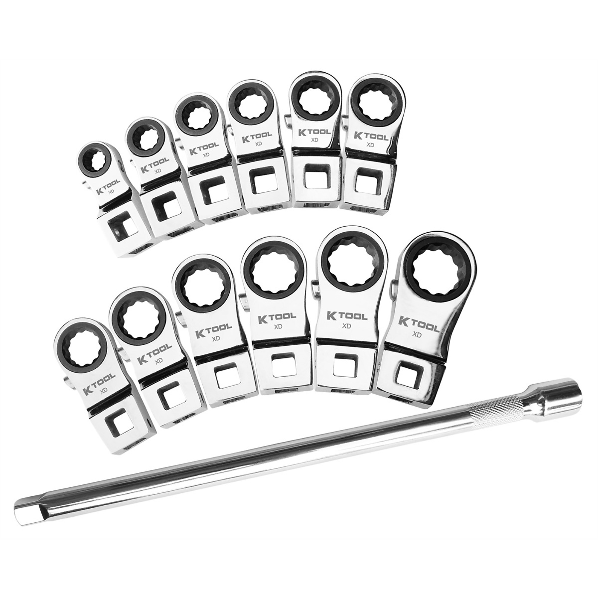 K Tool XD2CWSM 13-Piece Metric Ratcheting Crowfoot Wrench Set, 3/8 Inch Drive, 72-Tooth Heads, 8–19 mm, Thumb Direction Selector, 10 Inch Locking Extension, Chrome Finish, Tight-Access Automotive Tool