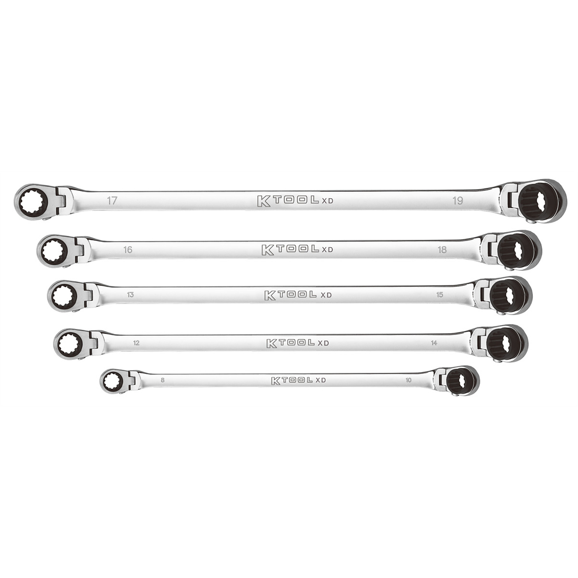 K Tool Inernational XDDBM5120S 120 Tooth Extra Long Flexible Reversible Ratcheting Wrench Set with 180 Degree Rotating Heads Spline Plus Gear Design and Raised Box Ends for Tight Access Includes 8x10 12x14 13x15 16x18 and 17x19mm Sizes