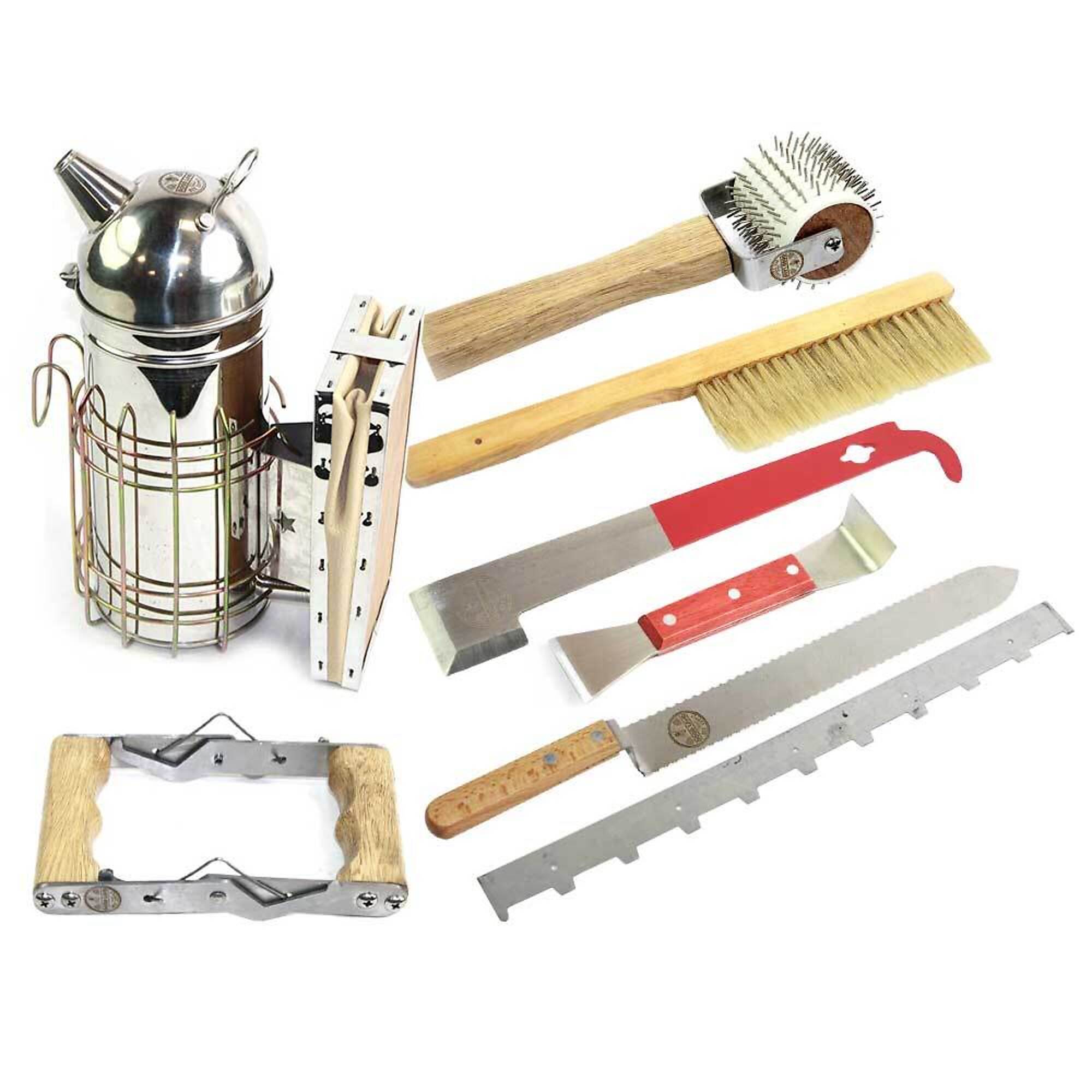 Goodland Bee Supply GL-TKIT1 Complete Tool Assortment - Bee Smoker, Frame Spacer, Serrated Decapping / Uncapping Knife and Roller, Frame Grip, J-Hook and Wood Handle Hive tools - GLTOOLSET1