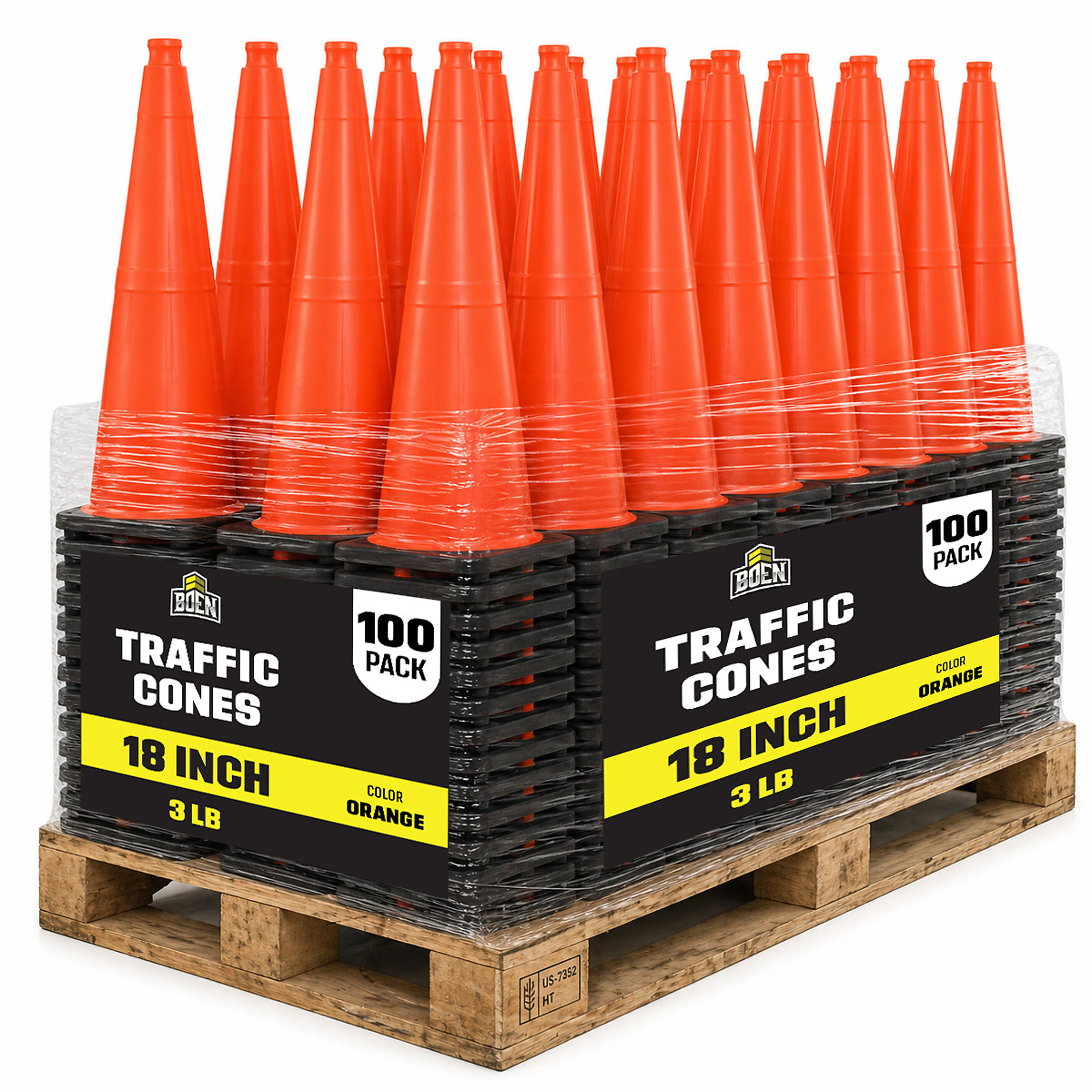Boen 18 in, Orange Traffic Cone, 100-Pack (PL), High-Visibility Safety Cones with Heavy-Duty Base for Parking, Events & Traffic Control