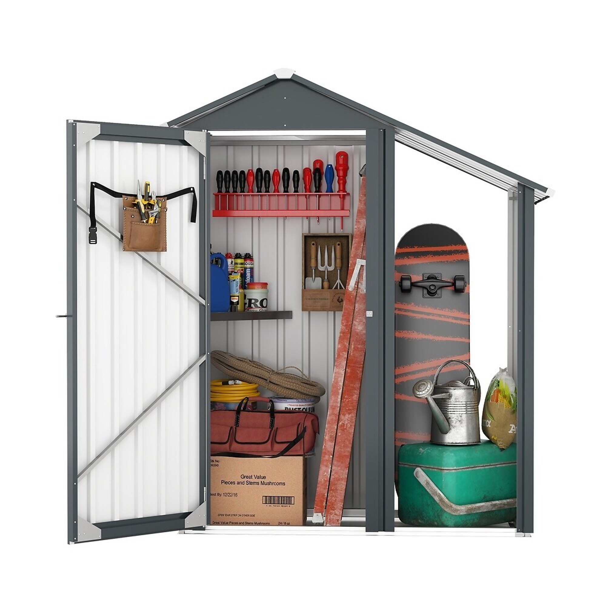 Clihome 4.6 Ft. Galvanized Metal Storage Shed with Lockable Cabinet & Open Shelves, Heavy-Duty Outdoor Storage Organizer for Tools, Firewood, Garden Equipment, Patio, Garage & Workshop, Model #CL-CC-51302