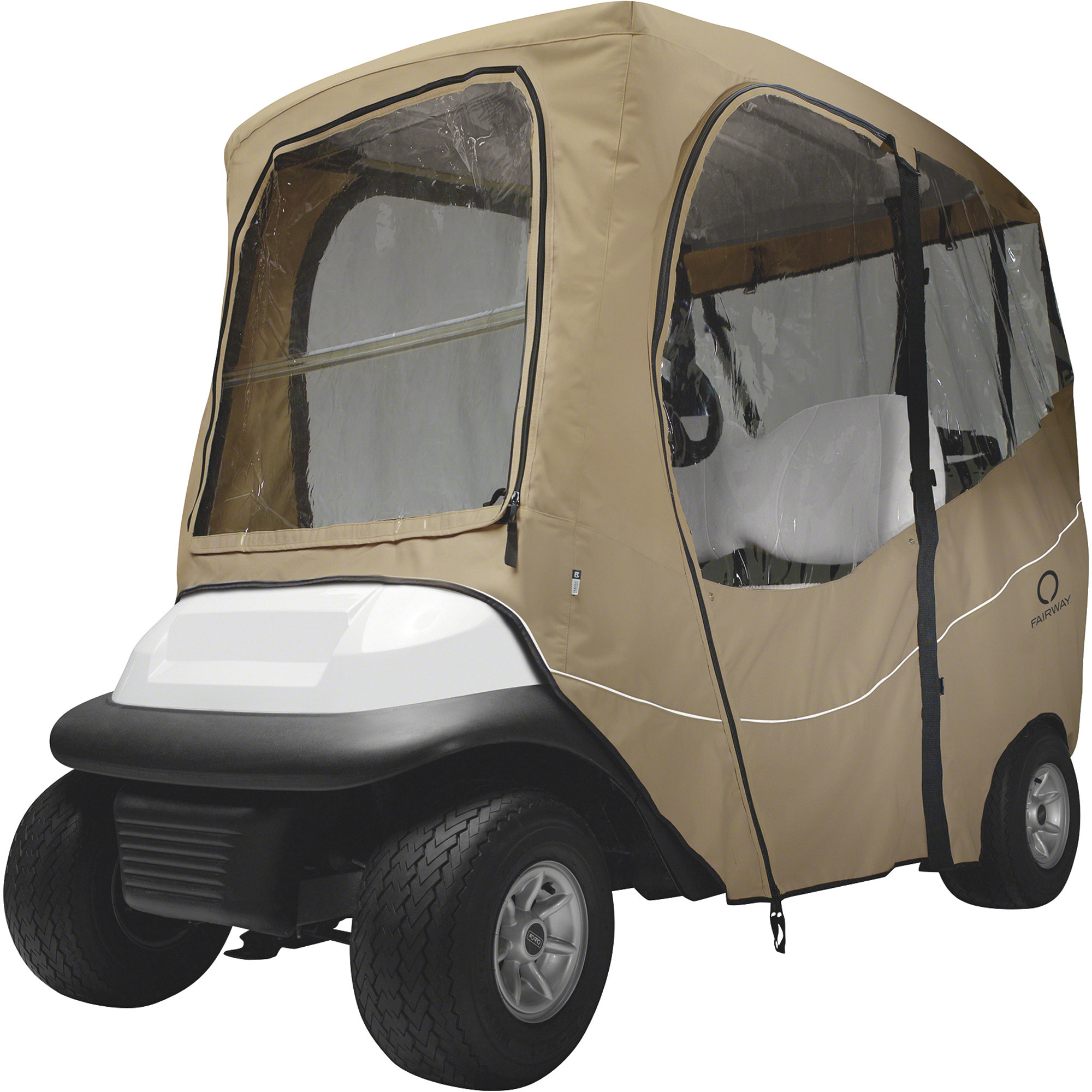 Classic Accessories Fairway Deluxe Golf Car Enclosure, Short Roof (Up to 68in.L), Light Khaki, Model# 40-049-335801-00