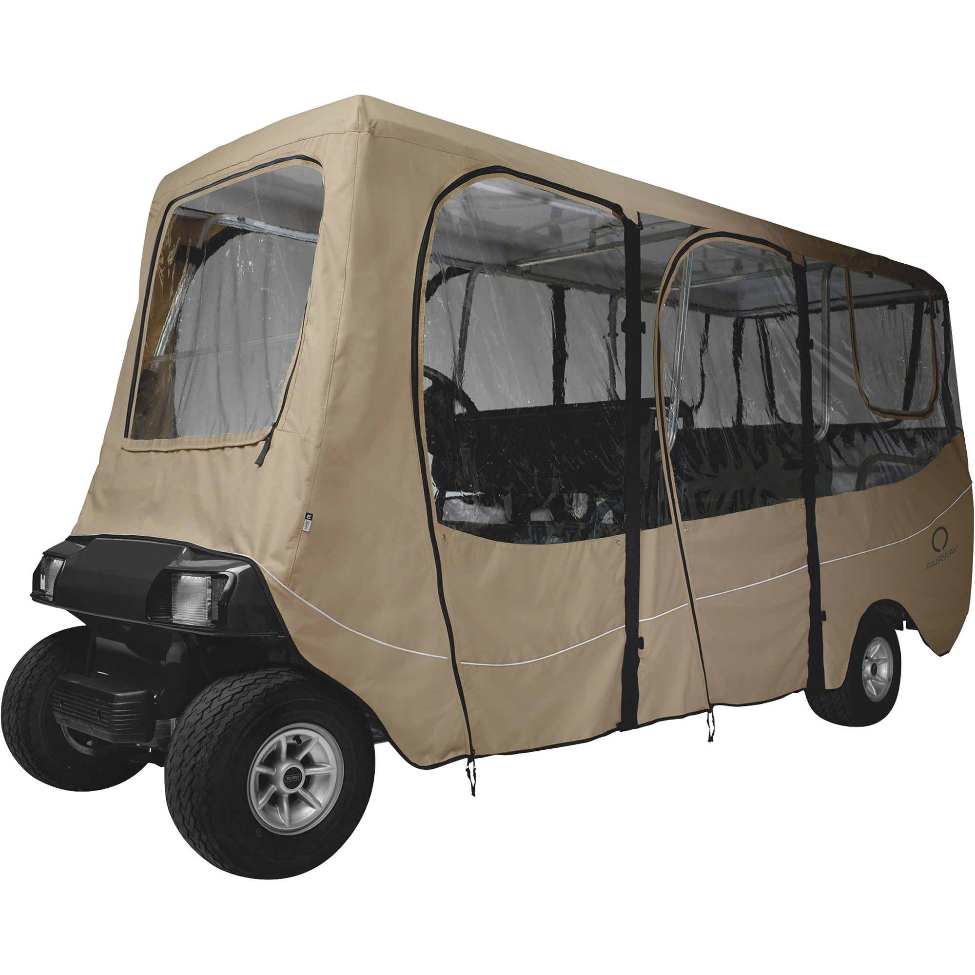 Classic Accessories Fairway Deluxe Golf Car Enclosure, Extra Long Roof (Up to 124in.L), 6-Person, Light Khaki, Model# 40-051-345801-00