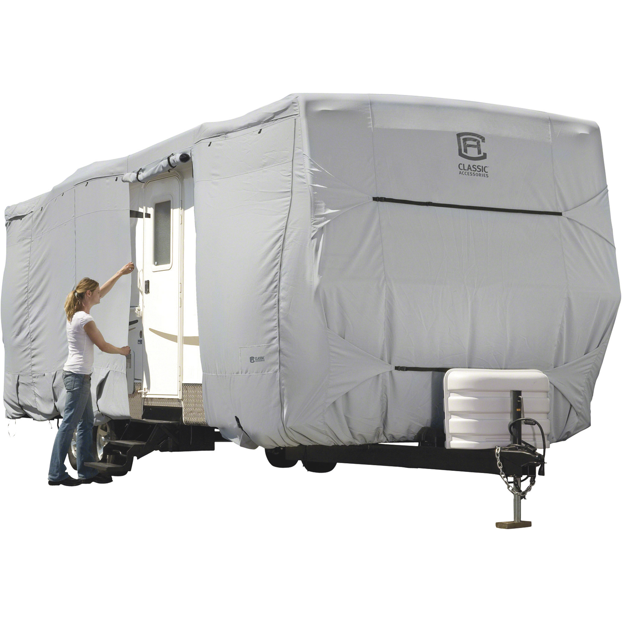 Classic Accessories PermaPRO Deluxe Travel Trailer Cover, Gray, Fits 33ft.L-35ft.L x 124in. Tall Travel Trailer RVs, Model# 80-325-201001-RT