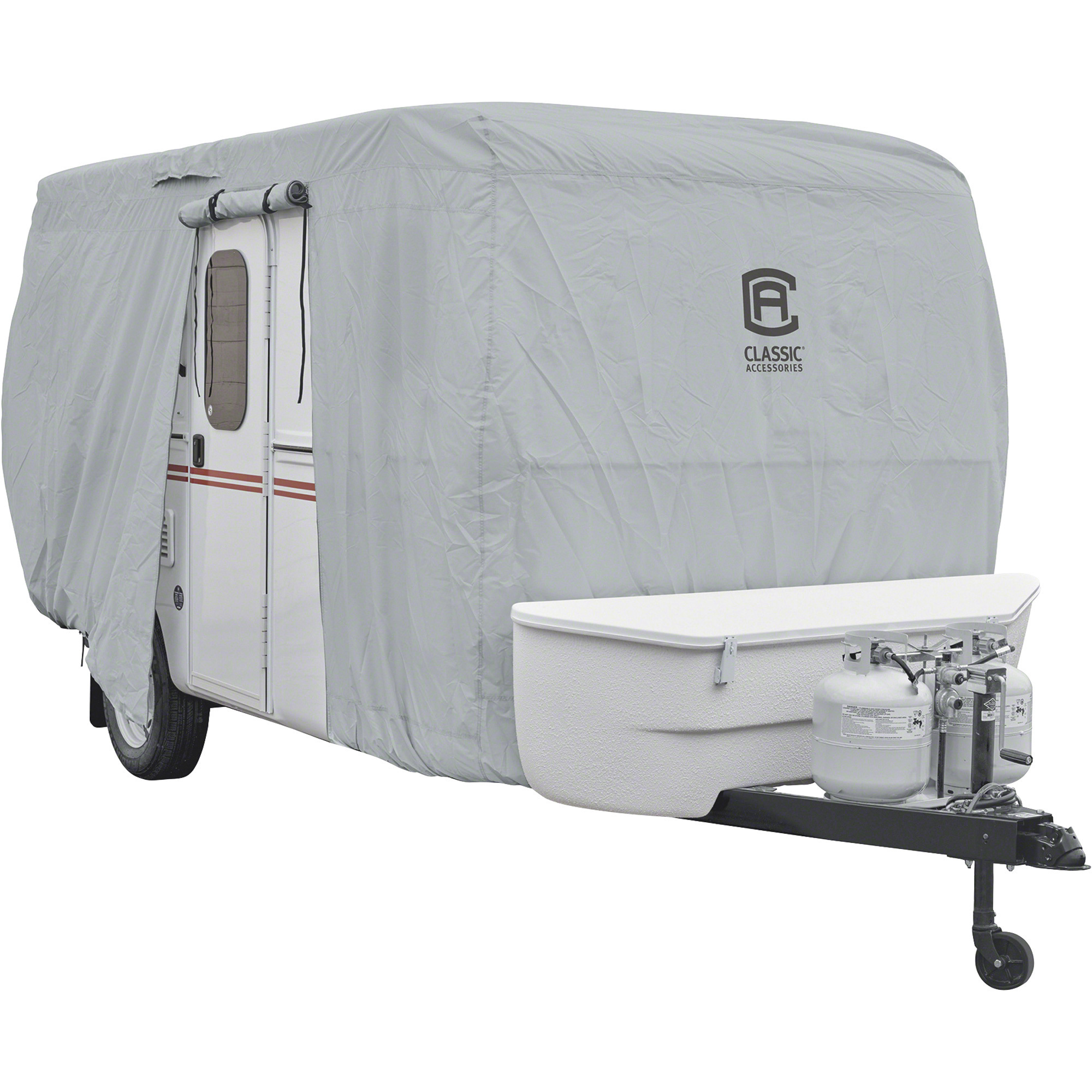 Classic Accessories PermaPRO Deluxe Molded Fiberglass Travel Trailer Cover, Gray, Fits 10ft.1in.L-13ft.L Molded Fiberglass Travel Trailers, Model# 80-408-151001-RT