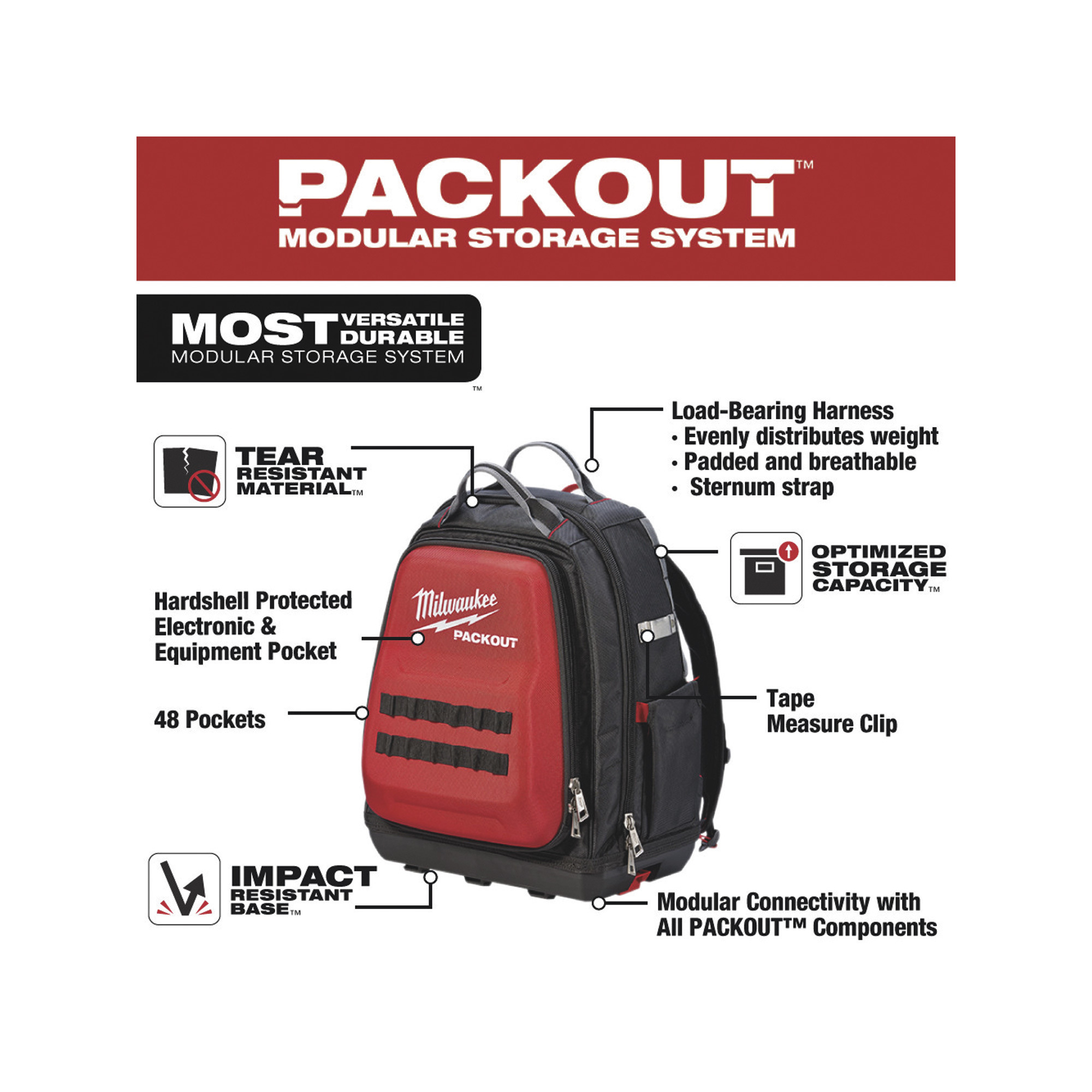 Milwaukee® 48-22-8301 - PACKOUT™ 48-Pocket Tool Backpack 