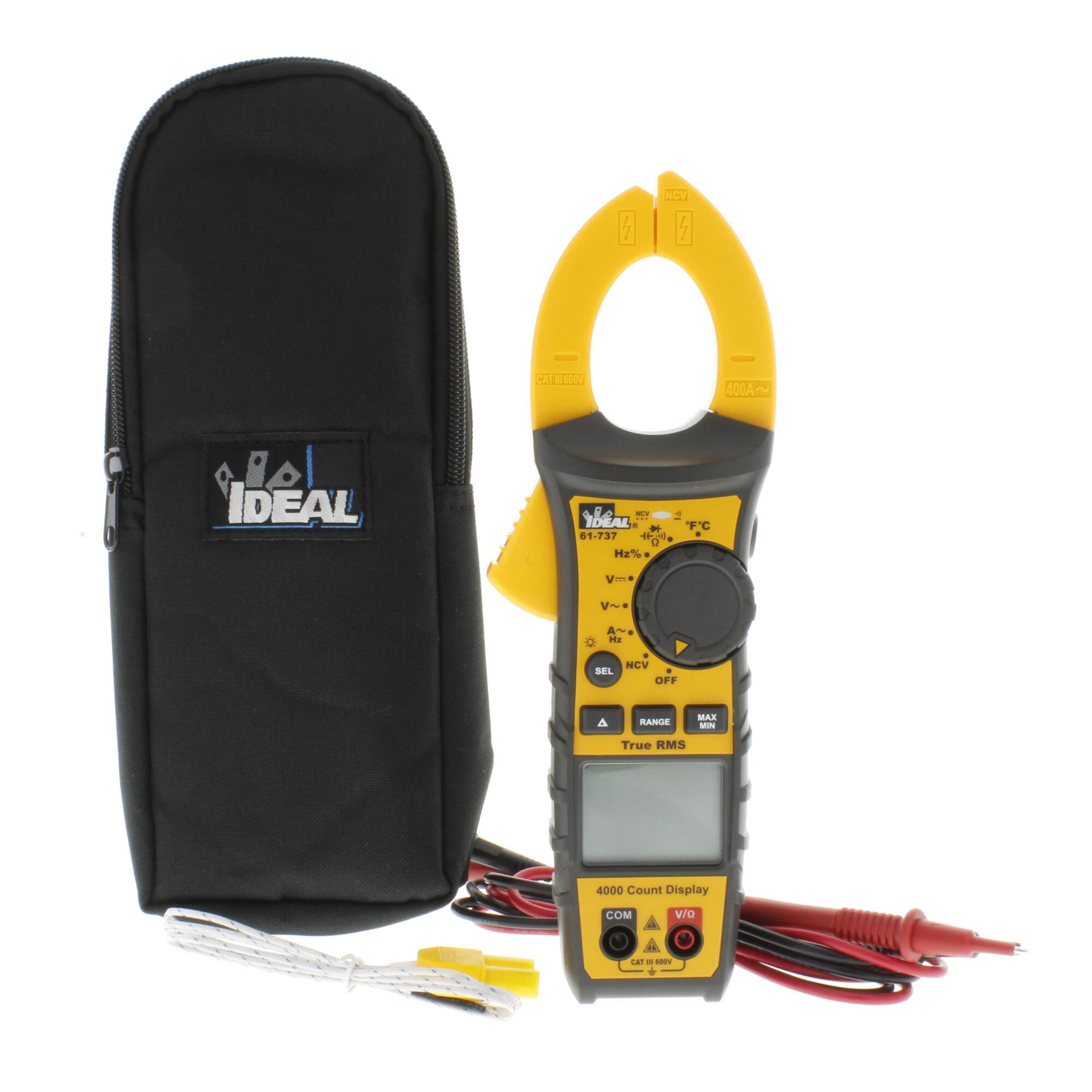 IDEAL, Clamp Meter 400A AC TRMS w/ NCVT & Temp, UL Certified CAT III 600V, measures 0-400 Amps AC and 0-600 Volts AC/DC, Auto Power Off, Backlit Display, Data Hold, Diode Test, Auto Ranging, Audible Continuity, 61-737