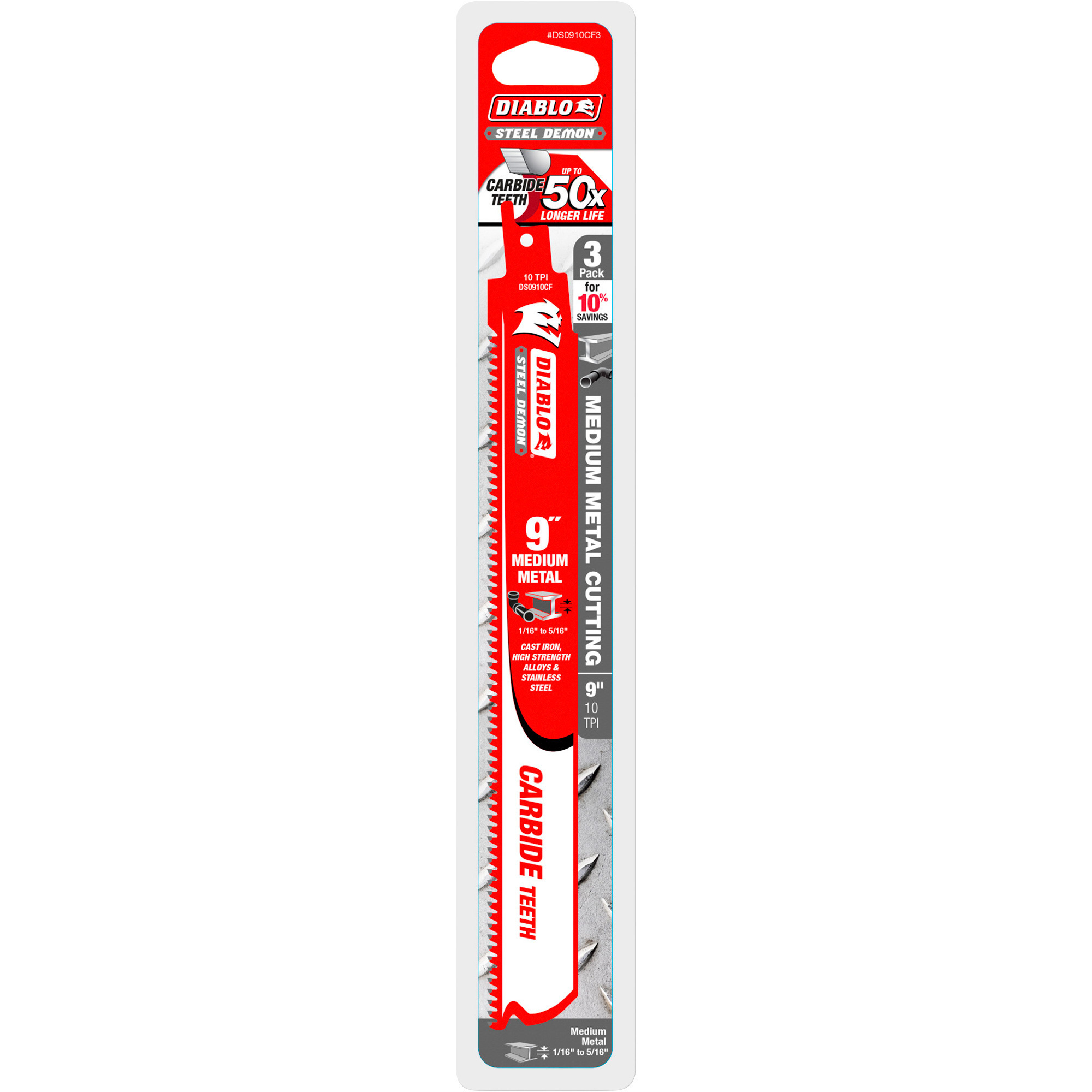 Diablo Steel Demon Carbide-Tipped Metal Cutting Reciprocating Saw Blades,3-Pack, 9in.L, 10 TPI, Model# DS0910CF3