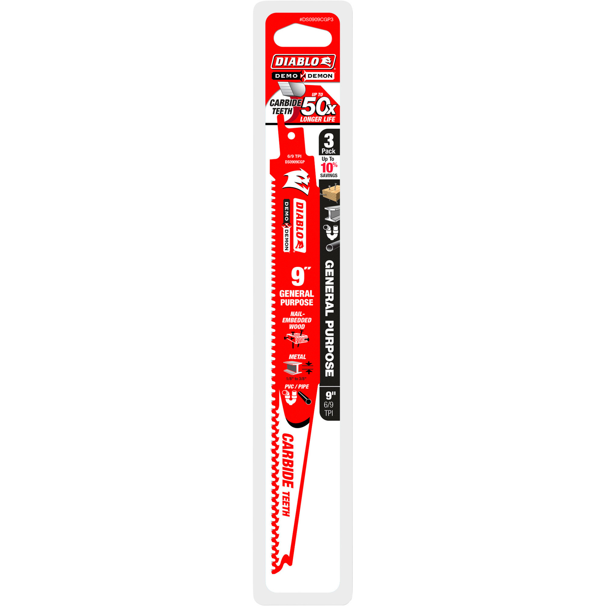 Diablo Demo Demon Carbide General Purpose Reciprocating Saw Blade,3-Pack, 9 TPI, 9in., Model# DS0909CGP3