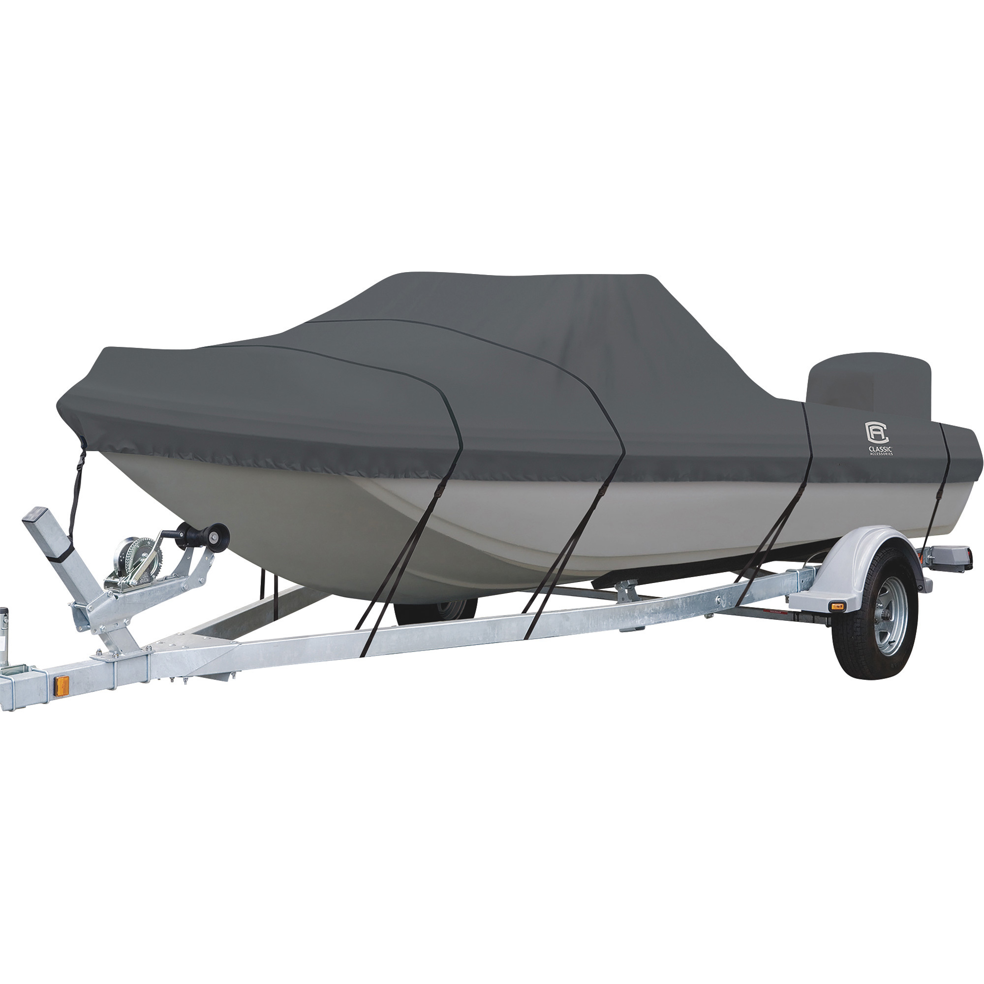 Classic Accessories StormPro Trailerable Boat Cover, Fits  13ft.6in.L to 14ft.6in.L x 73in.W Tri-Hull Outboard Boats, Model# 20-386-090801-RT