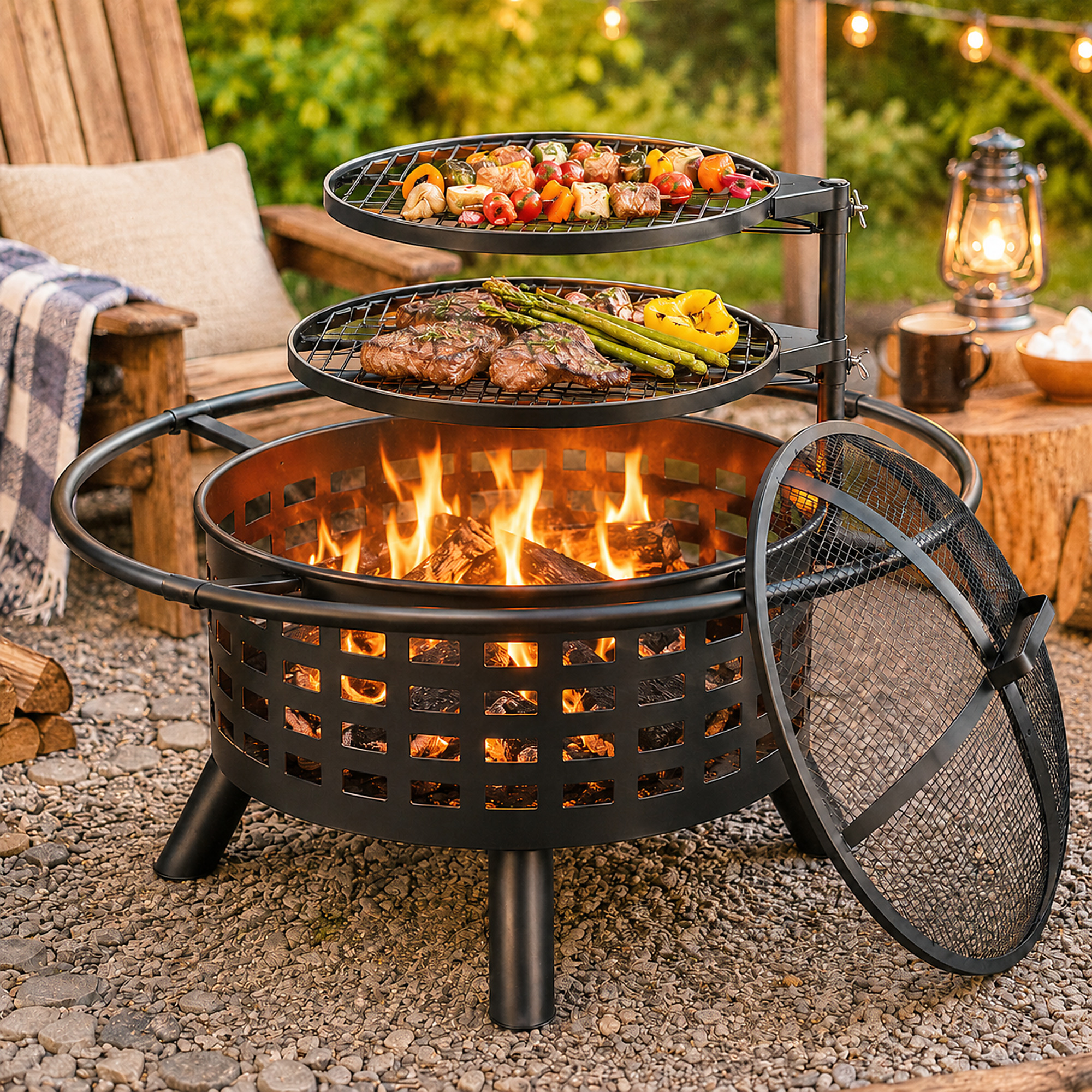 32-Inch Square Outdoor Wood-Burning Fire Pit with Lid and Steel Frame