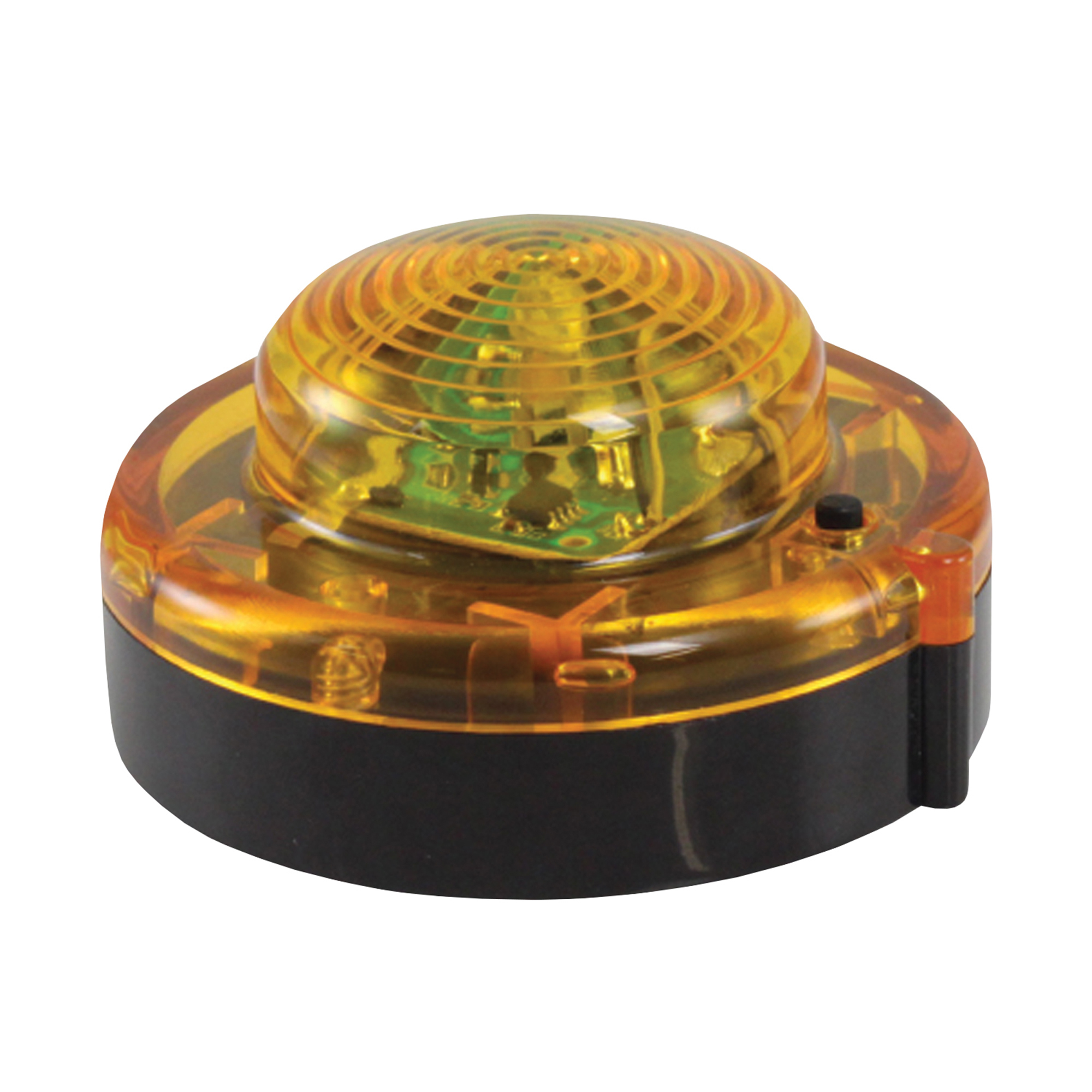 Yellow LED roadside emergency beacon. Replace dangerous road flares, perfect for cars, trucks, boats, RVs, and camping. Crush-resistant and water-resistant. Magnet base and 2 light settings (Steady On and Flash)